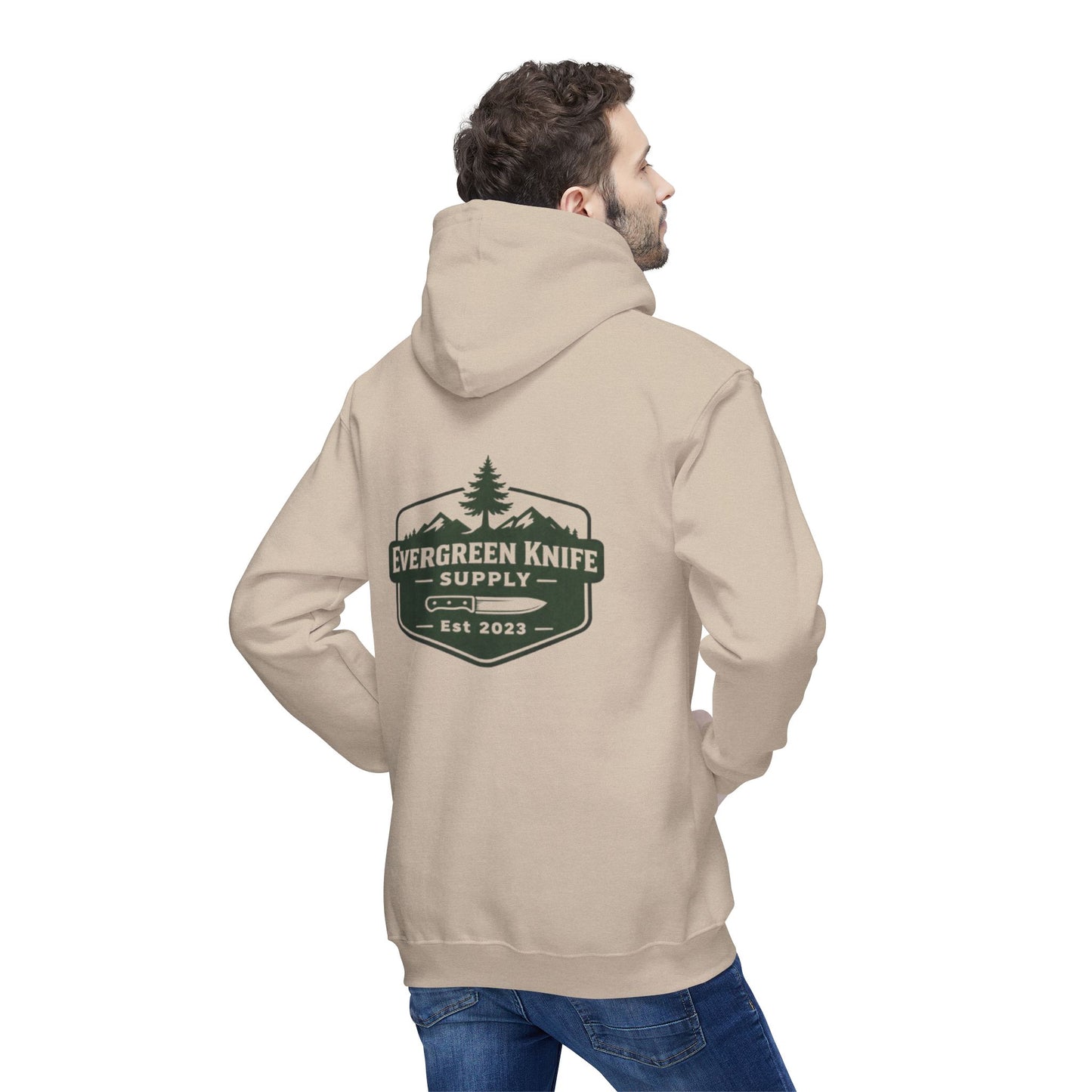 Evergreen Knife Supply Hoodie — Outdoor Camping Logo Pullover (Est. 2023)