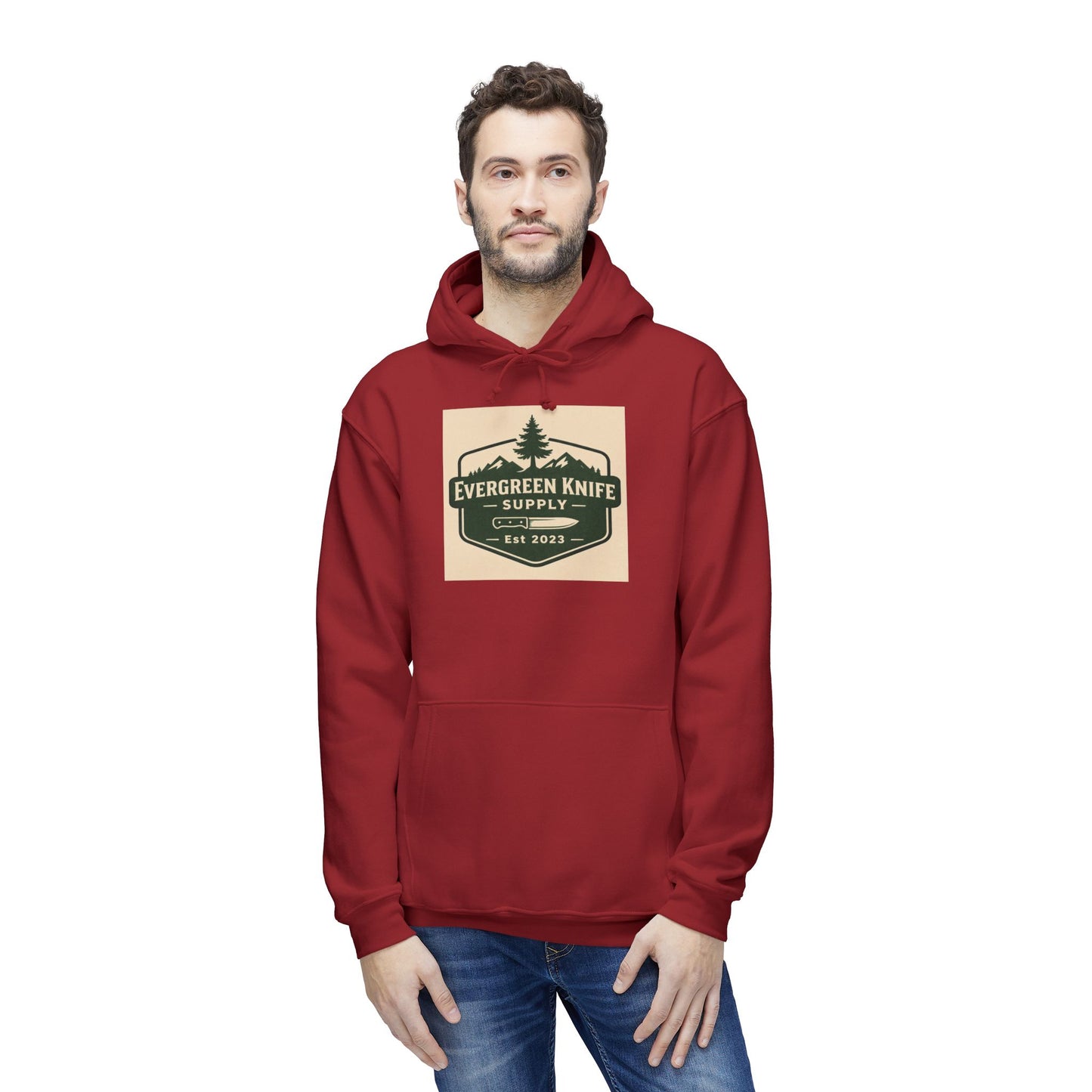 Evergreen Knife Supply Hoodie — Outdoor Camping Logo Pullover (Est. 2023)