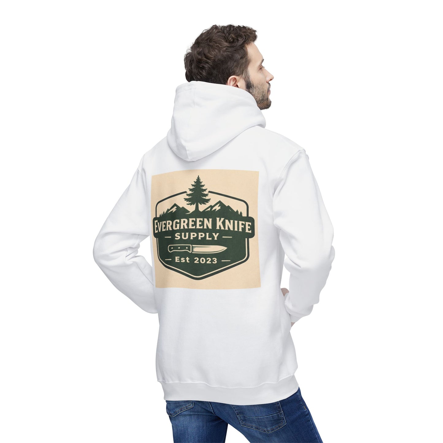 Evergreen Knife Supply Hoodie — Outdoor Camping Logo Pullover (Est. 2023)