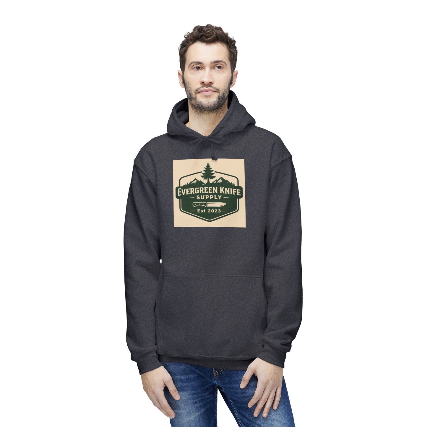 Evergreen Knife Supply Hoodie — Outdoor Camping Logo Pullover (Est. 2023)