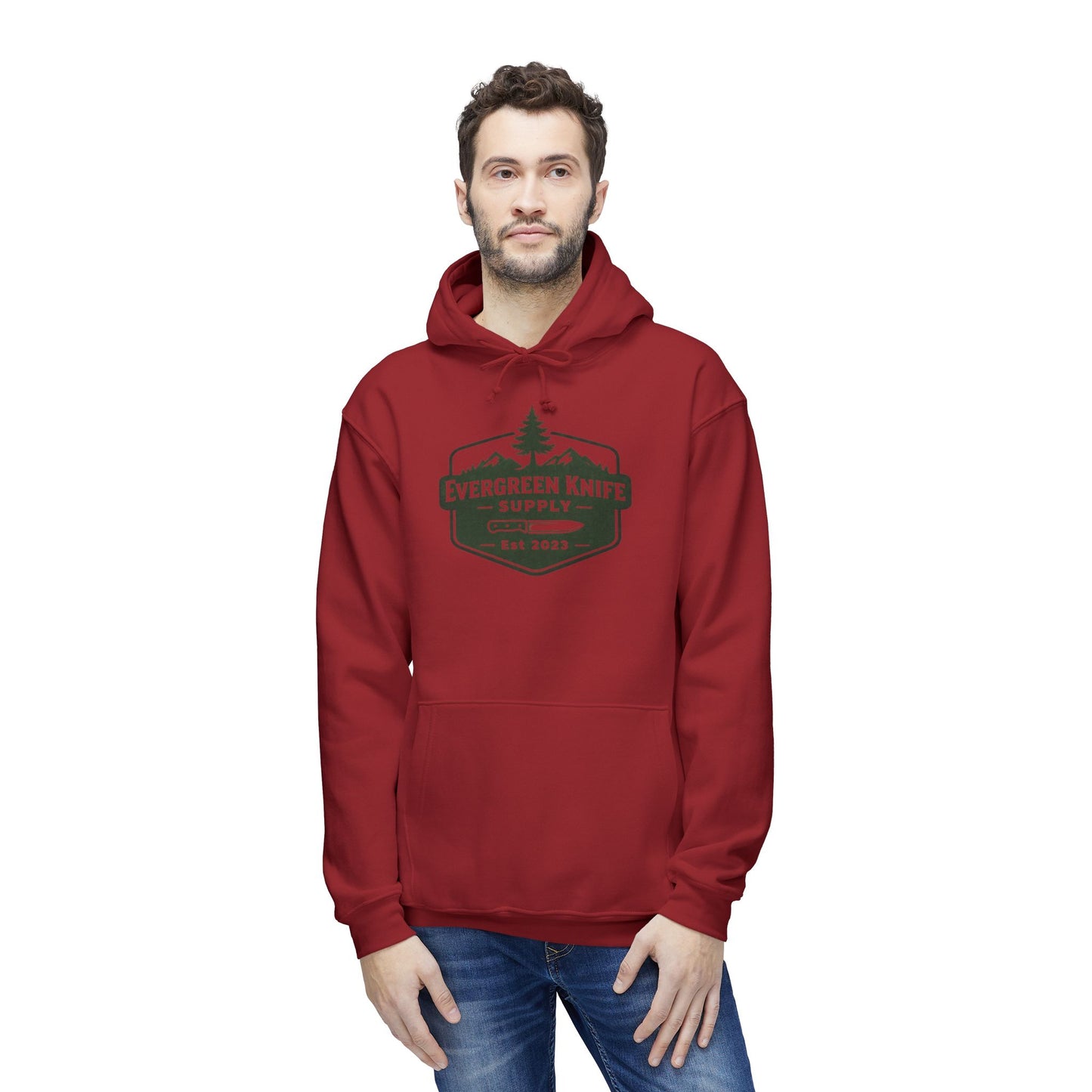 Evergreen Knife Supply Hoodie — Outdoor Camping Logo Pullover (Est. 2023)