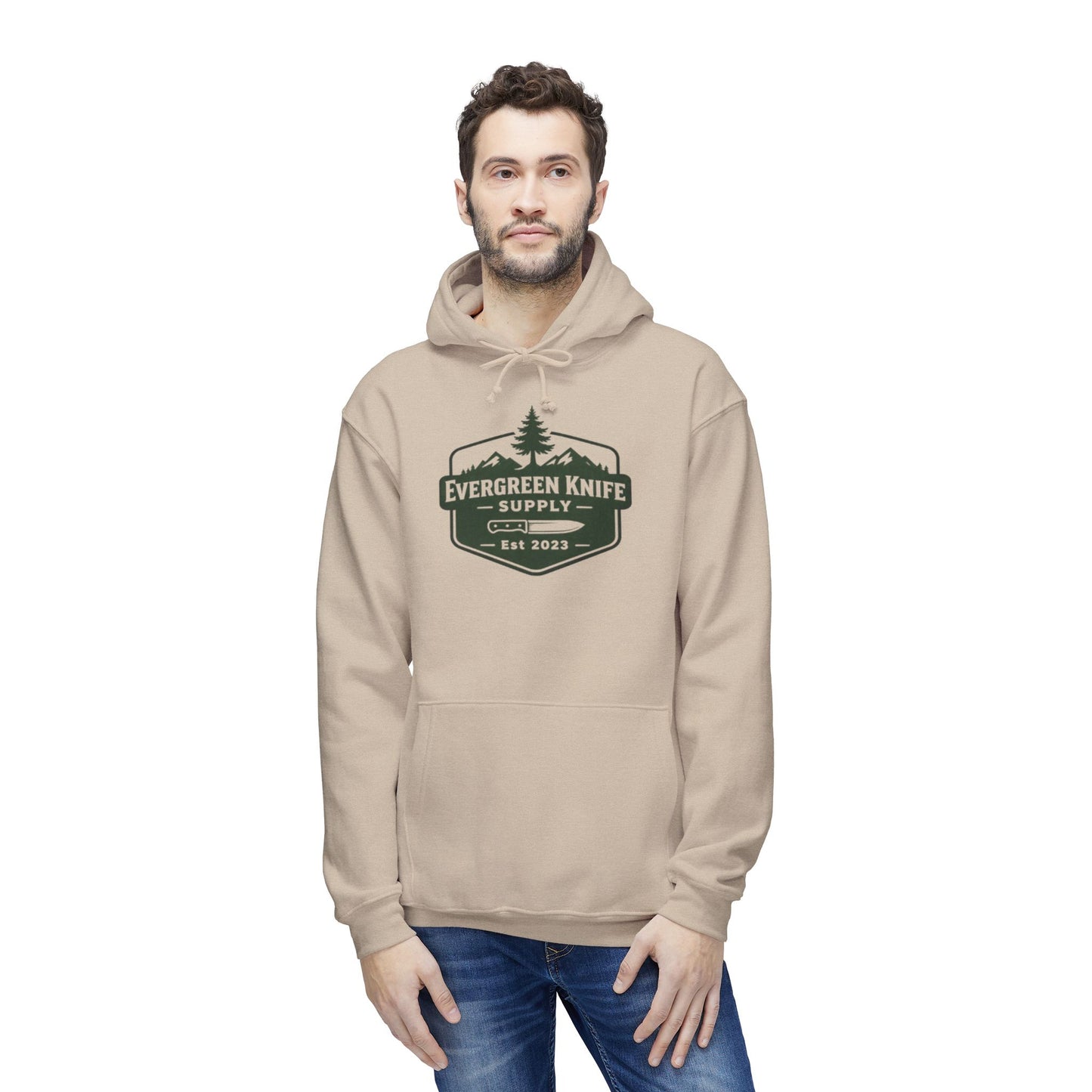 Evergreen Knife Supply Hoodie — Outdoor Camping Logo Pullover (Est. 2023)