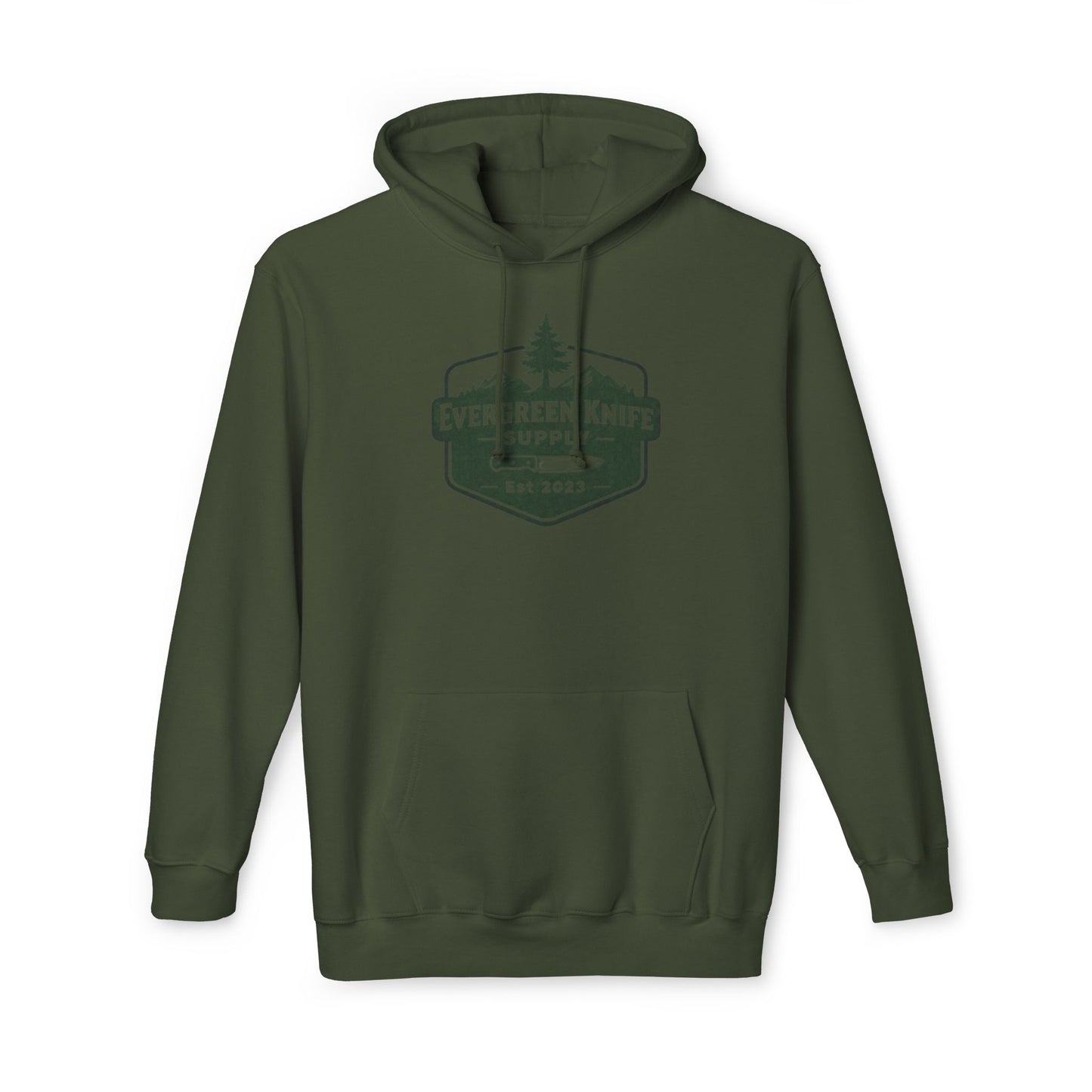 Evergreen Knife Supply Hoodie — Outdoor Camping Logo Pullover (Est. 2023)