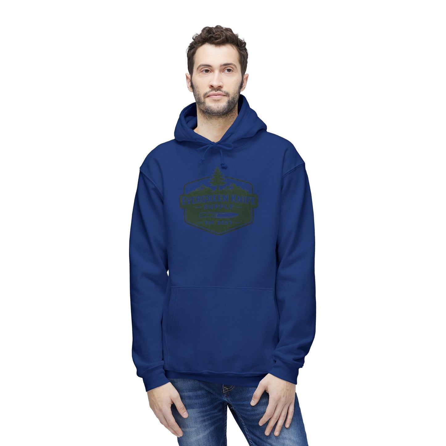Evergreen Knife Supply Hoodie — Outdoor Camping Logo Pullover (Est. 2023)