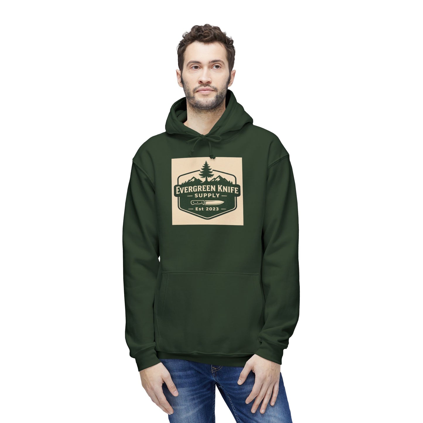 Evergreen Knife Supply Hoodie — Outdoor Camping Logo Pullover (Est. 2023)