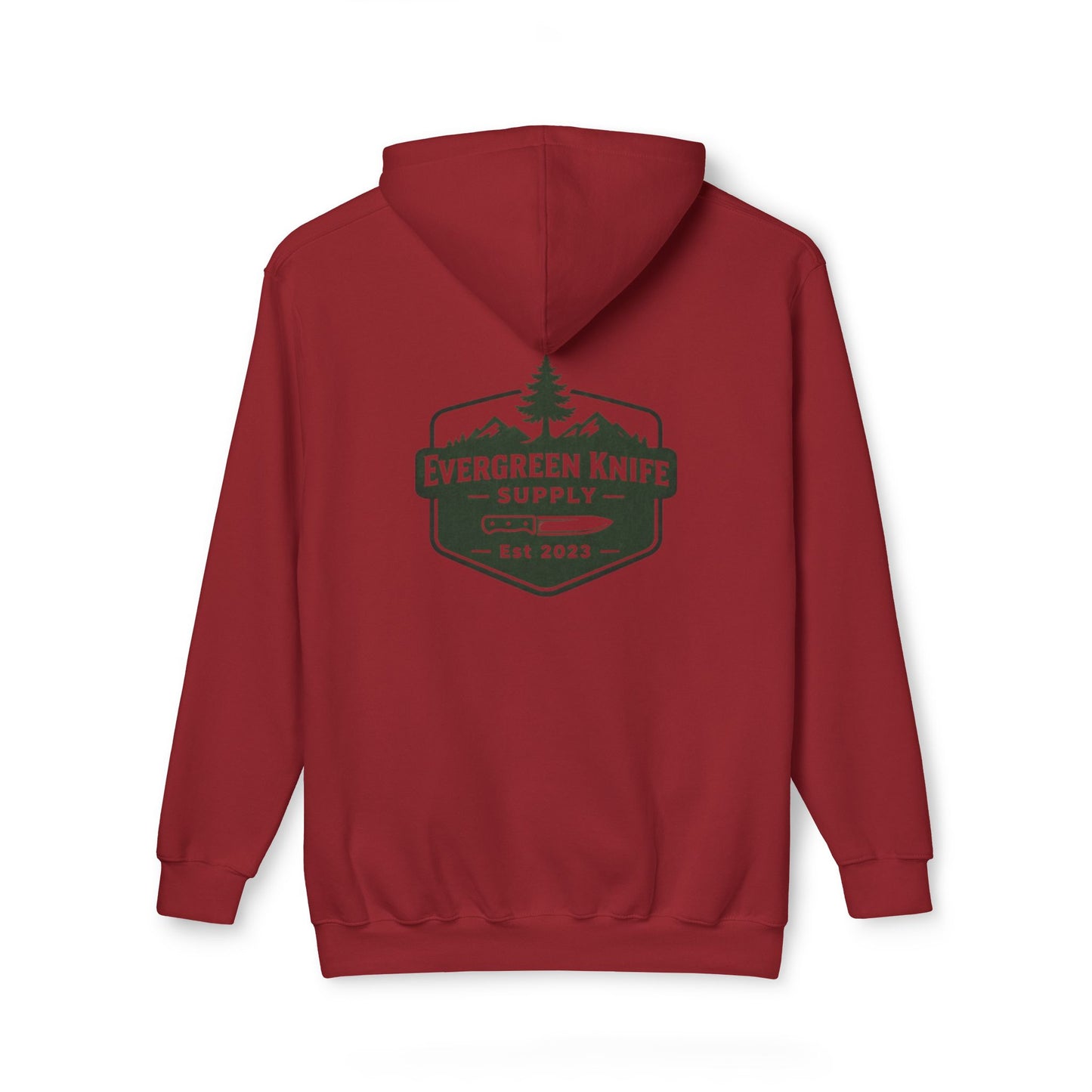 Evergreen Knife Supply Hoodie — Outdoor Camping Logo Pullover (Est. 2023)