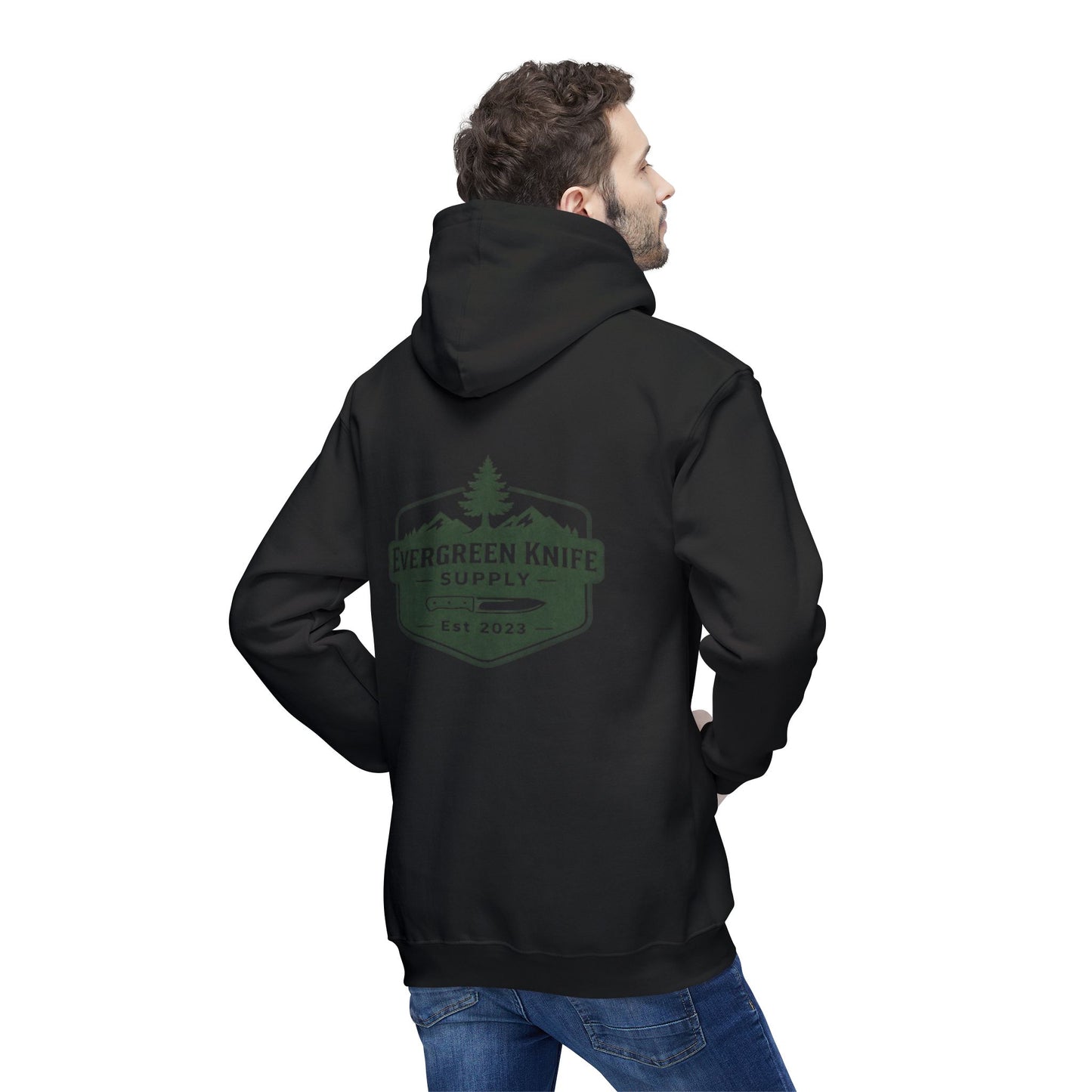 Evergreen Knife Supply Hoodie — Outdoor Camping Logo Pullover (Est. 2023)