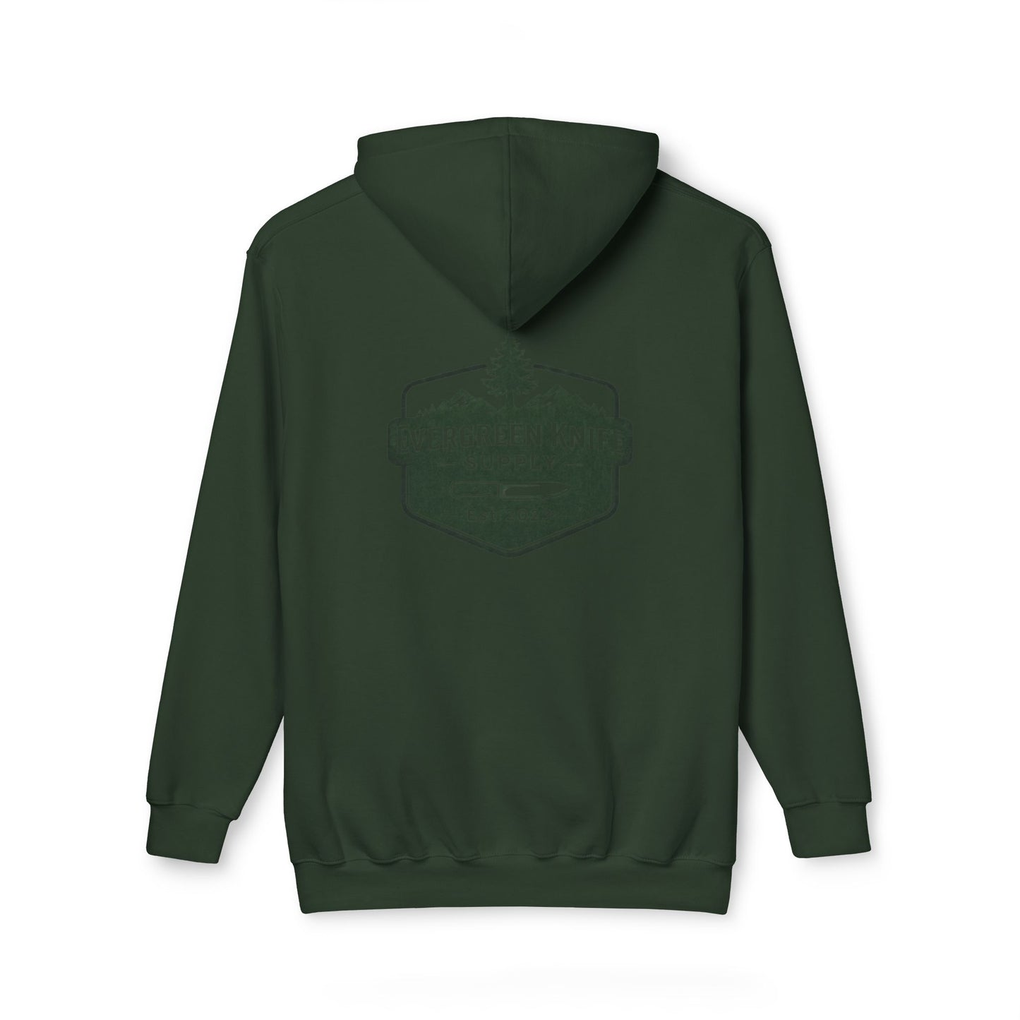 Evergreen Knife Supply Hoodie — Outdoor Camping Logo Pullover (Est. 2023)