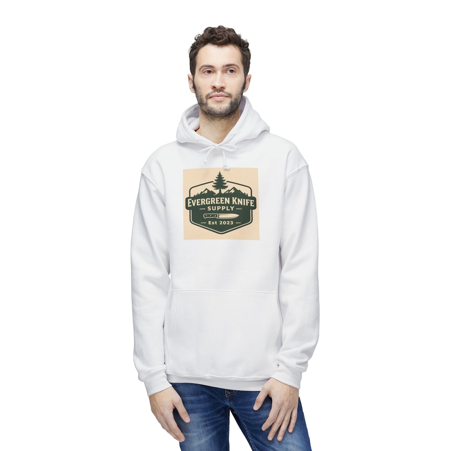 Evergreen Knife Supply Hoodie — Outdoor Camping Logo Pullover (Est. 2023)