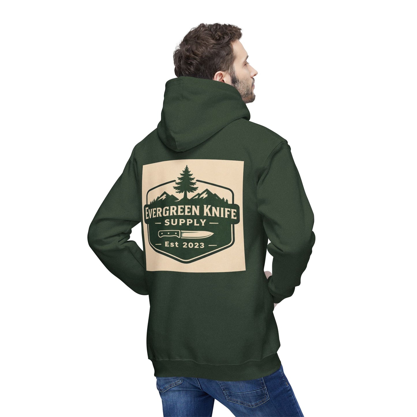 Evergreen Knife Supply Hoodie — Outdoor Camping Logo Pullover (Est. 2023)