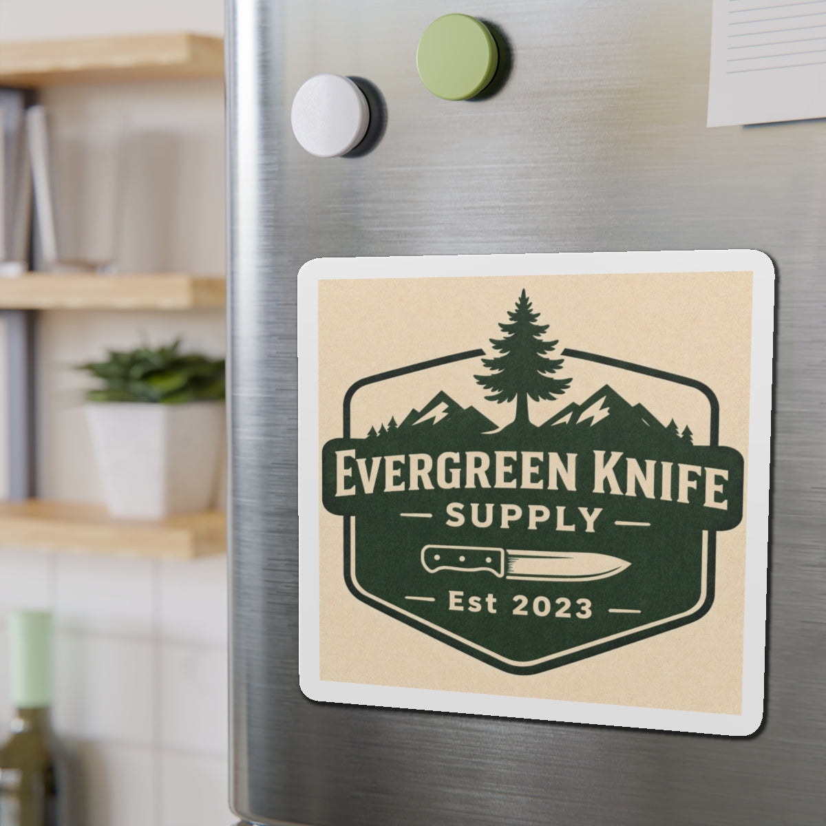 Evergreen Knife Supply Die-Cut Magnet — Outdoor Knife Logo Fridge Sticker (Est. 2023)