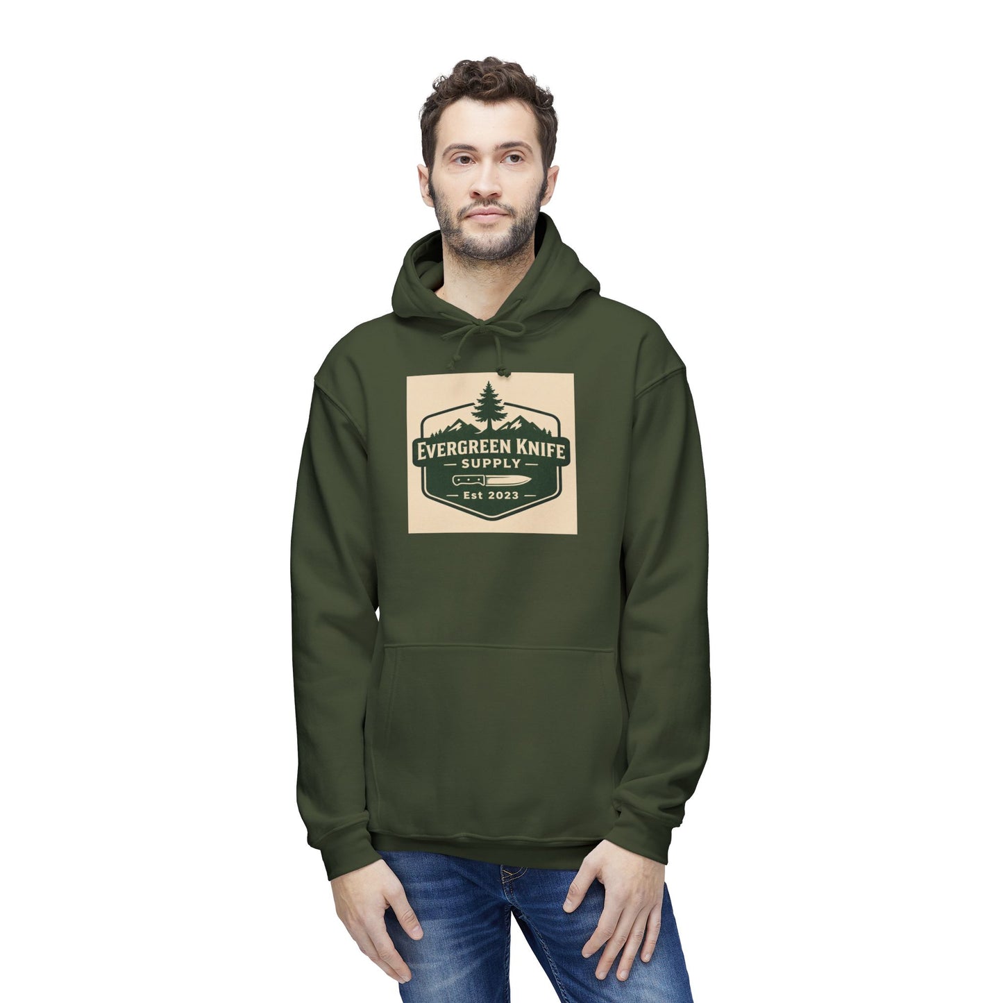 Evergreen Knife Supply Hoodie — Outdoor Camping Logo Pullover (Est. 2023)