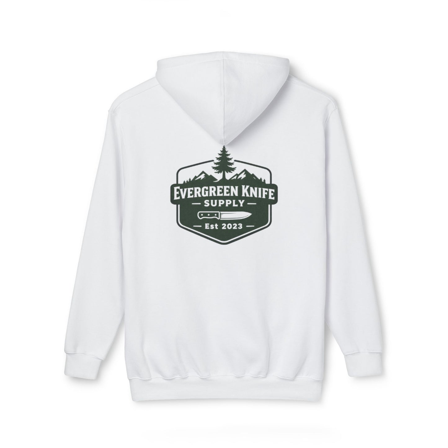 Evergreen Knife Supply Hoodie — Outdoor Camping Logo Pullover (Est. 2023)