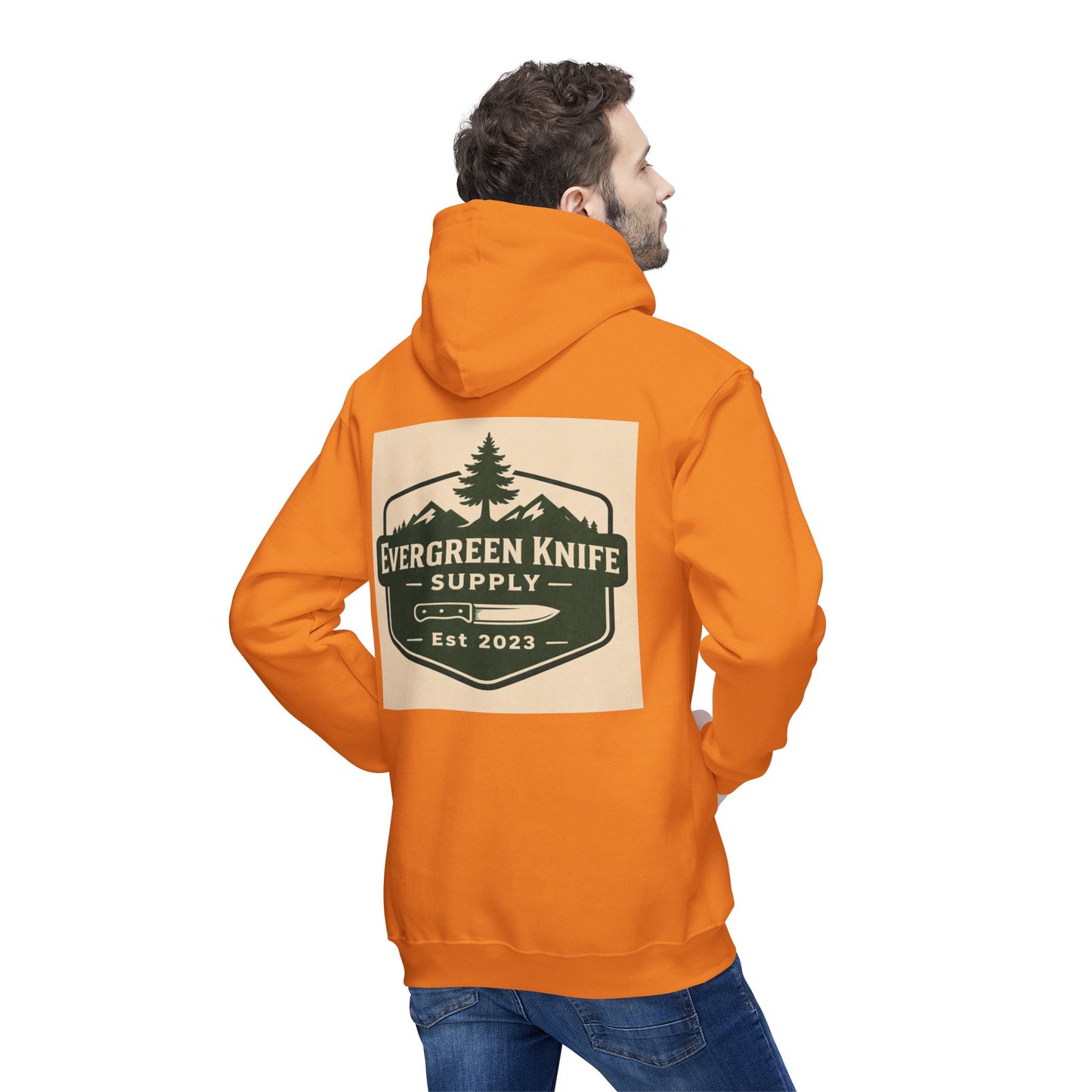 Evergreen Knife Supply Hoodie — Outdoor Camping Logo Pullover (Est. 2023)