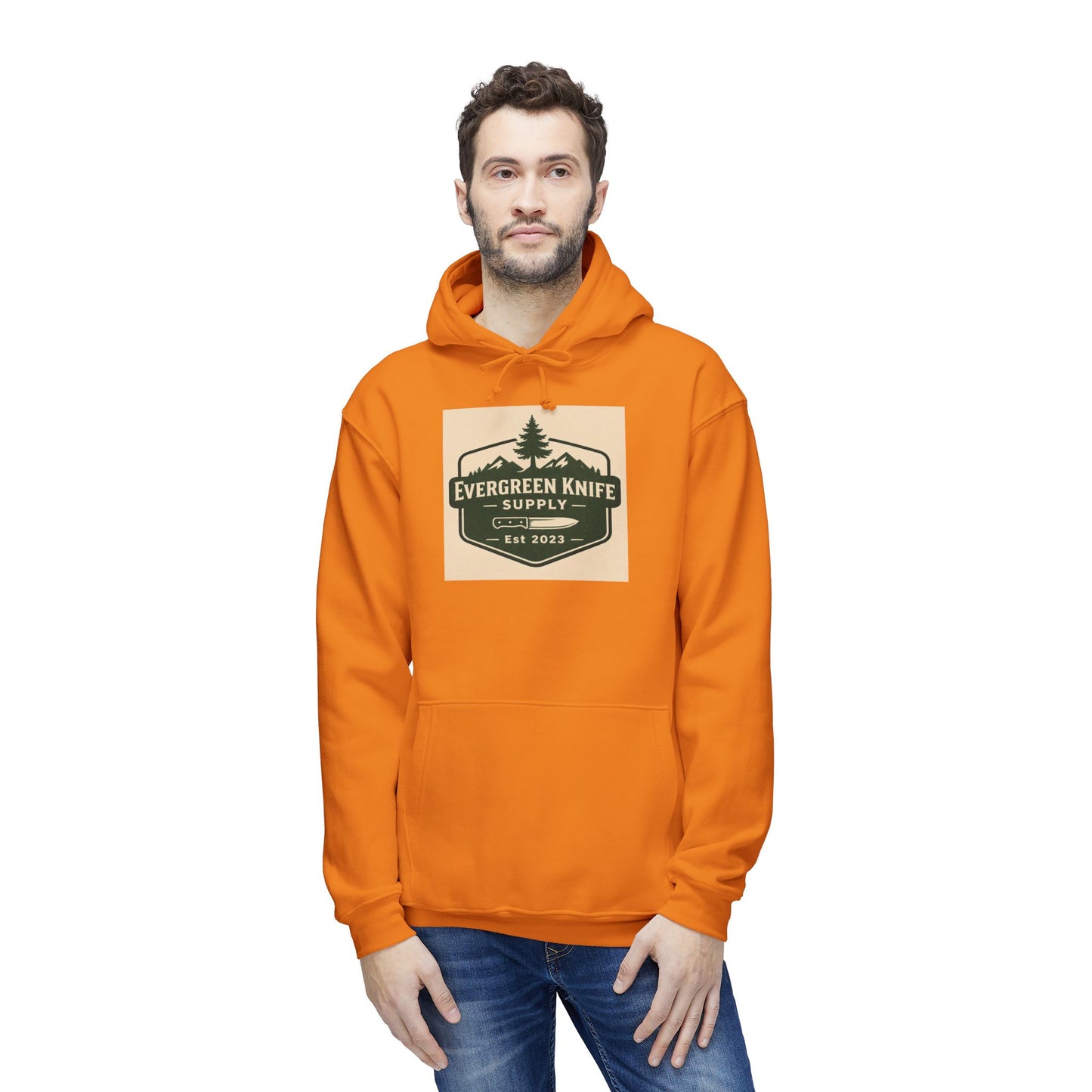 Evergreen Knife Supply Hoodie — Outdoor Camping Logo Pullover (Est. 2023)