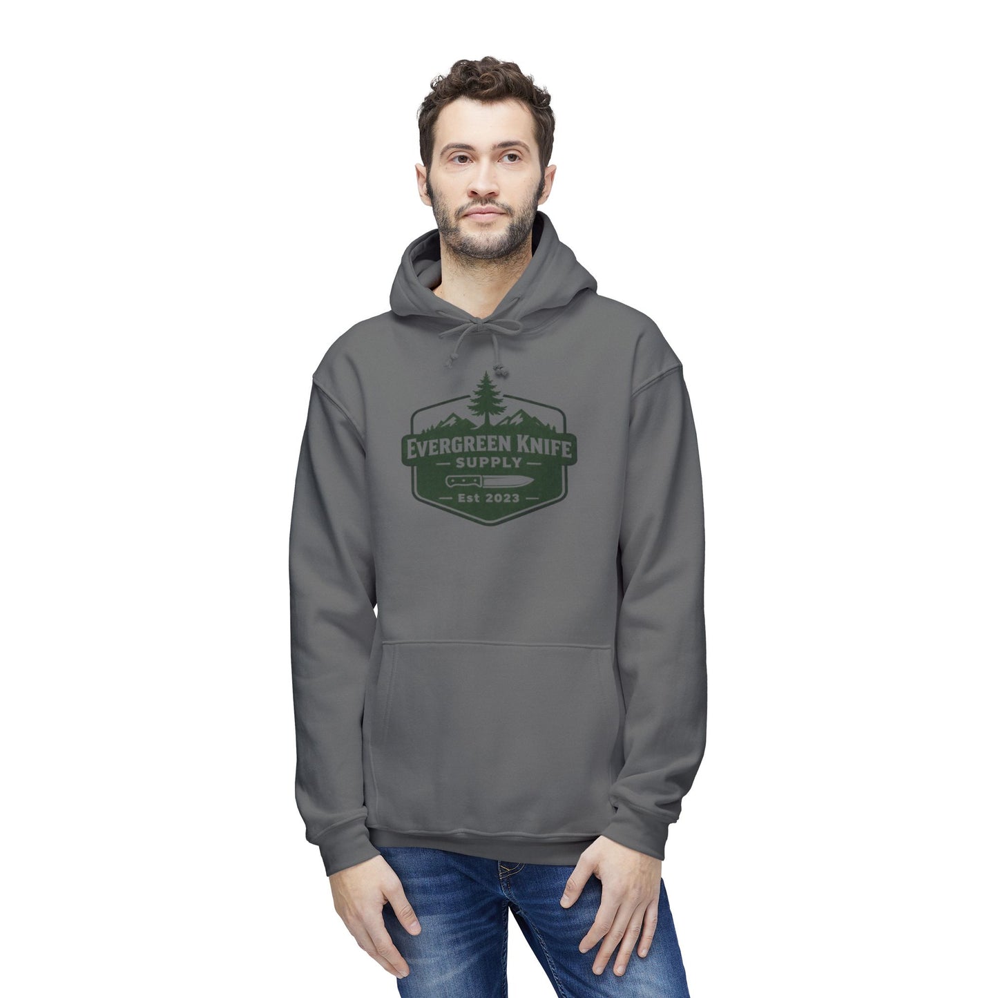 Evergreen Knife Supply Hoodie — Outdoor Camping Logo Pullover (Est. 2023)