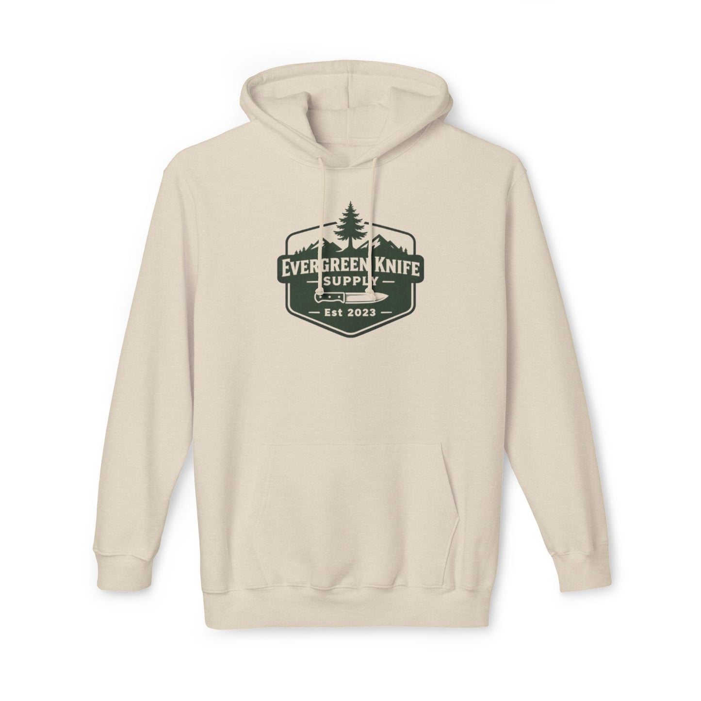 Evergreen Knife Supply Hoodie — Outdoor Camping Logo Pullover (Est. 2023)