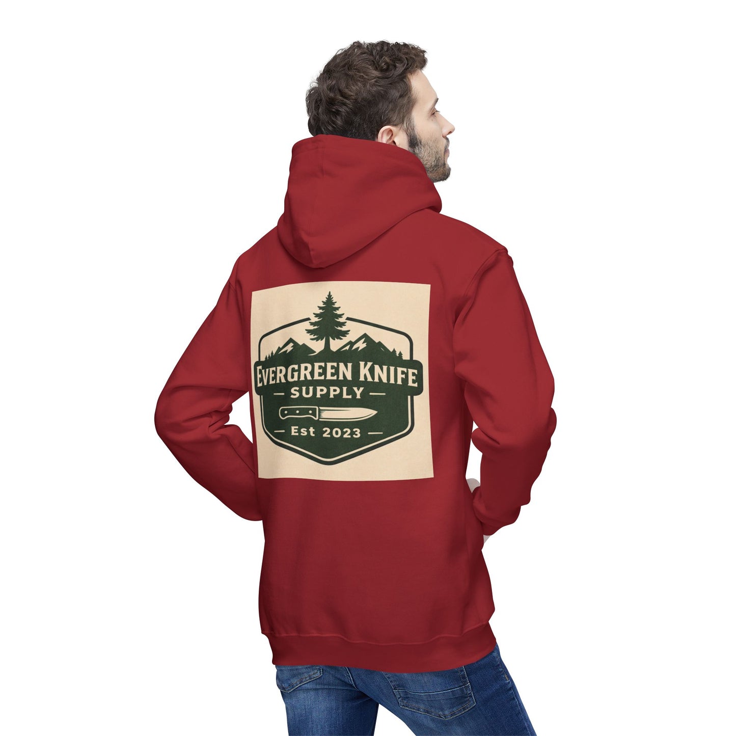 Evergreen Knife Supply Hoodie — Outdoor Camping Logo Pullover (Est. 2023)