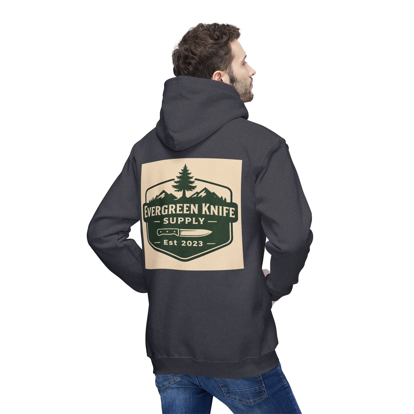 Evergreen Knife Supply Hoodie — Outdoor Camping Logo Pullover (Est. 2023)