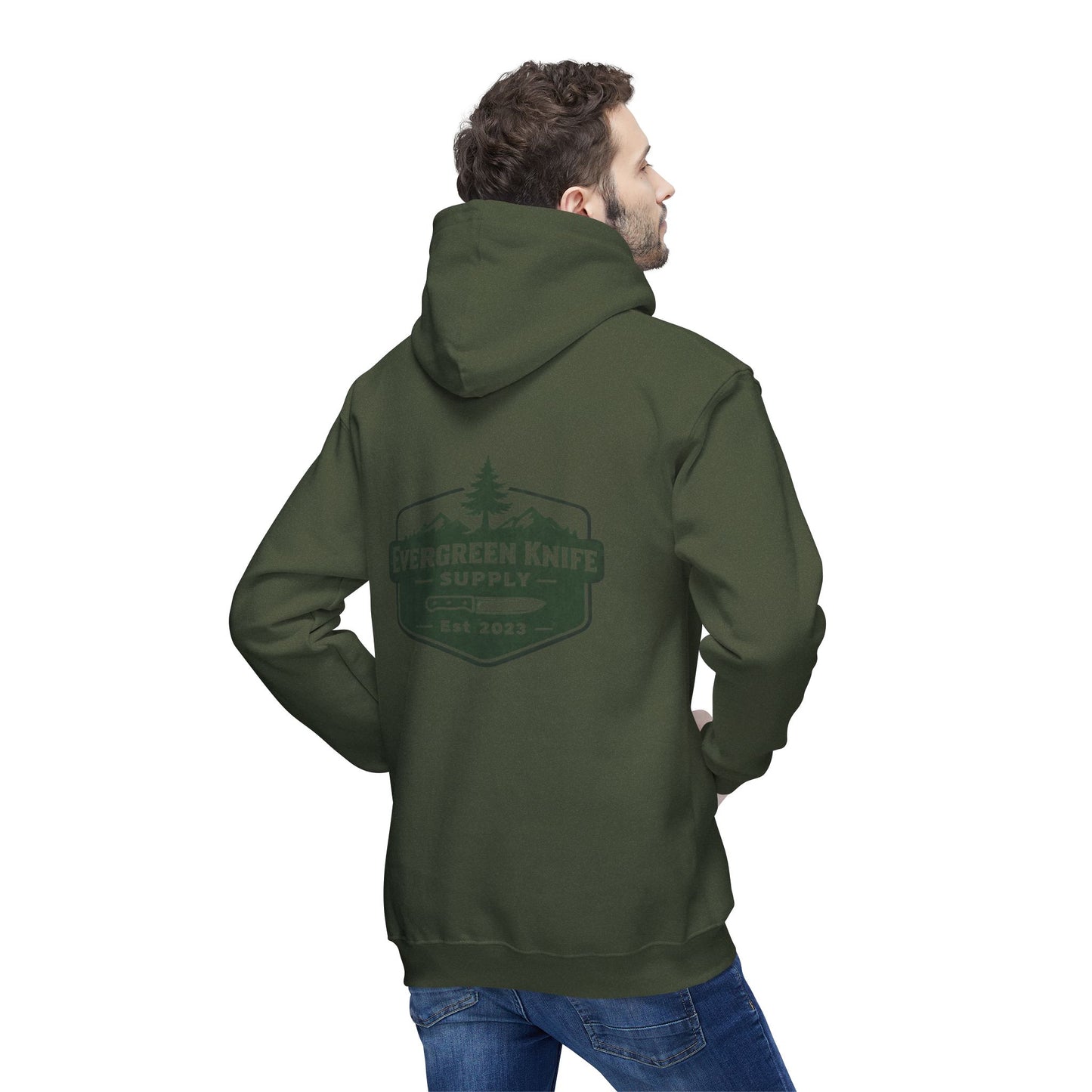 Evergreen Knife Supply Hoodie — Outdoor Camping Logo Pullover (Est. 2023)