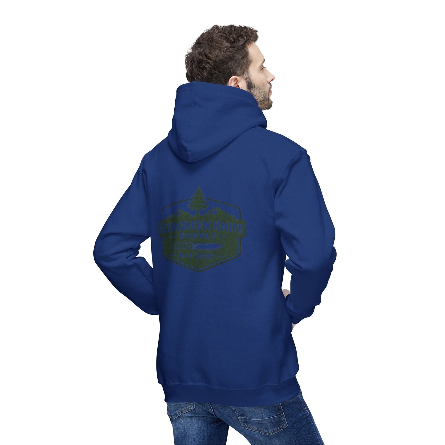 Evergreen Knife Supply Hoodie — Outdoor Camping Logo Pullover (Est. 2023)