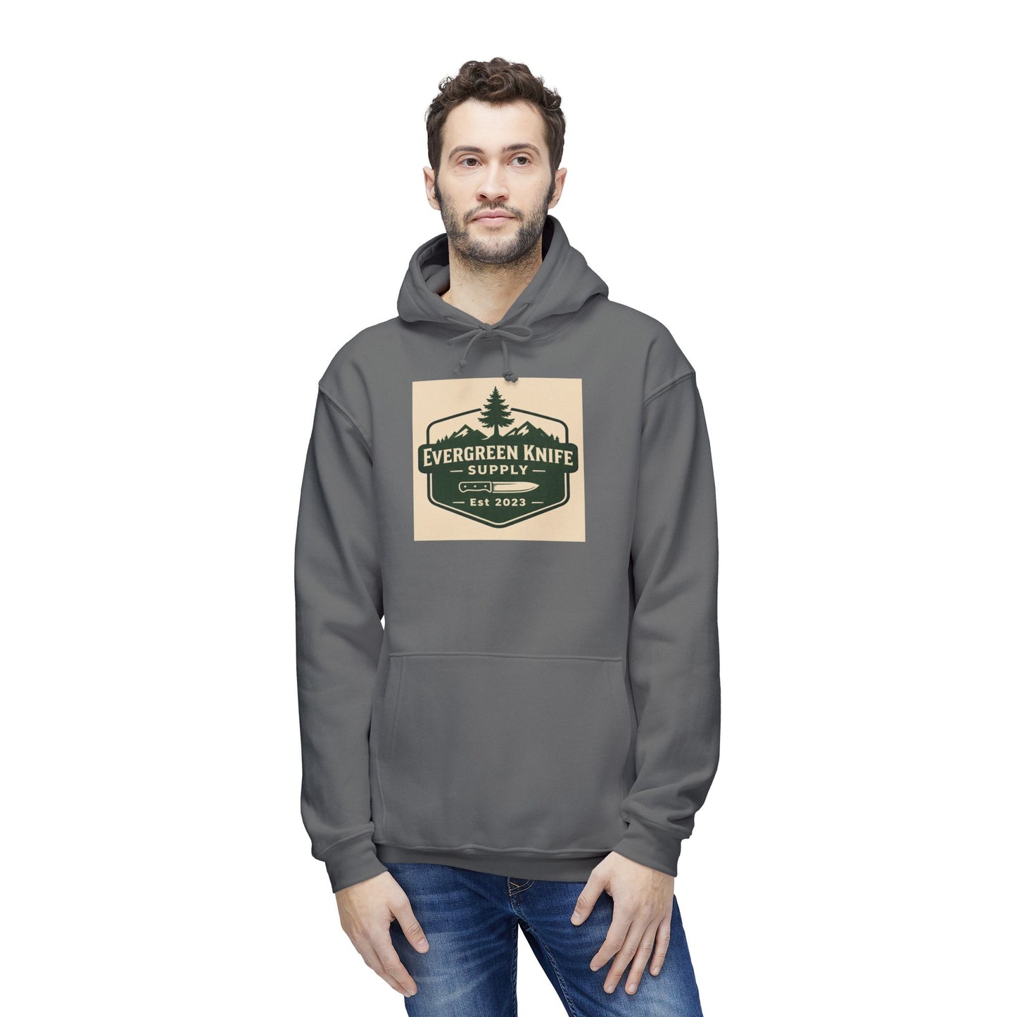 Evergreen Knife Supply Hoodie — Outdoor Camping Logo Pullover (Est. 2023)
