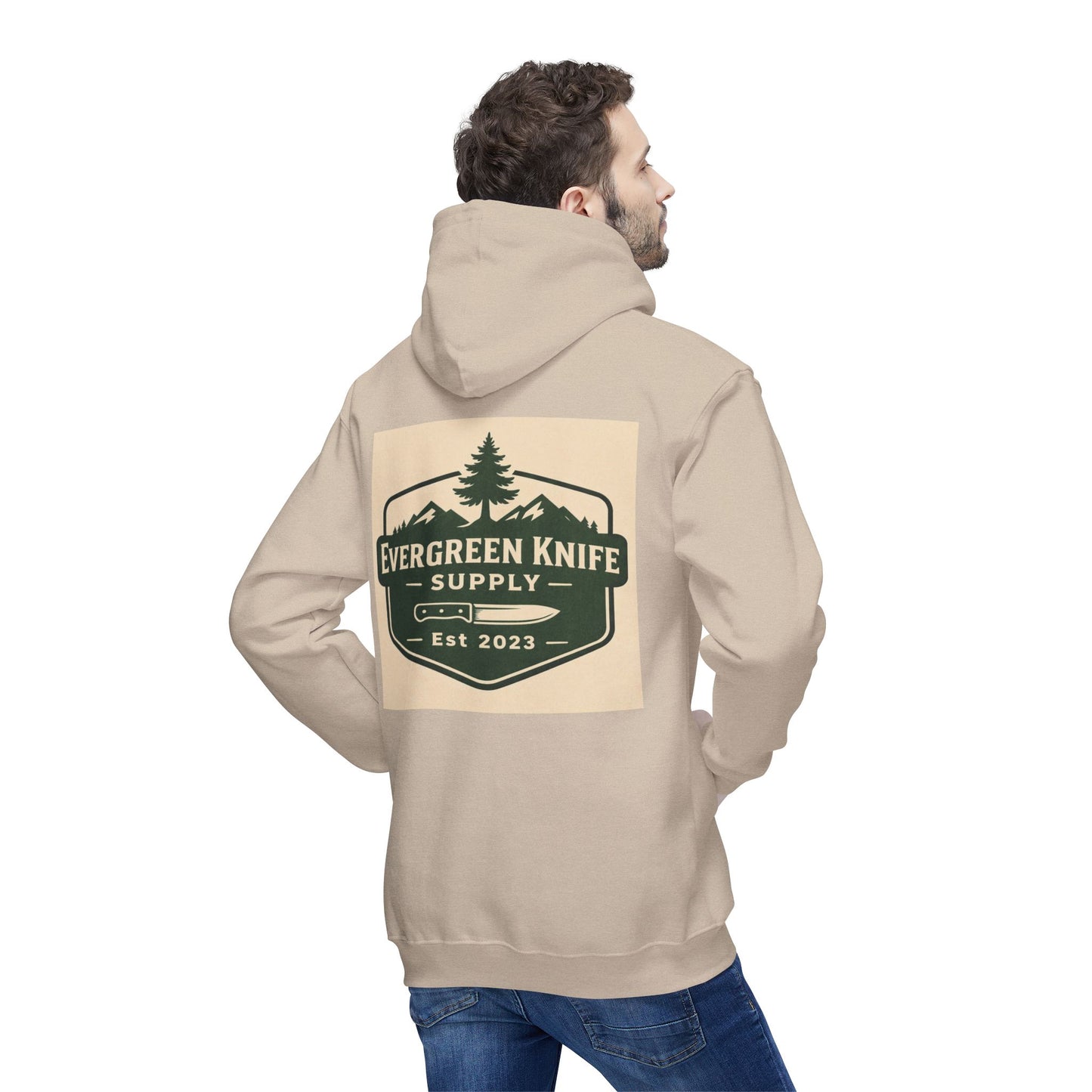 Evergreen Knife Supply Hoodie — Outdoor Camping Logo Pullover (Est. 2023)