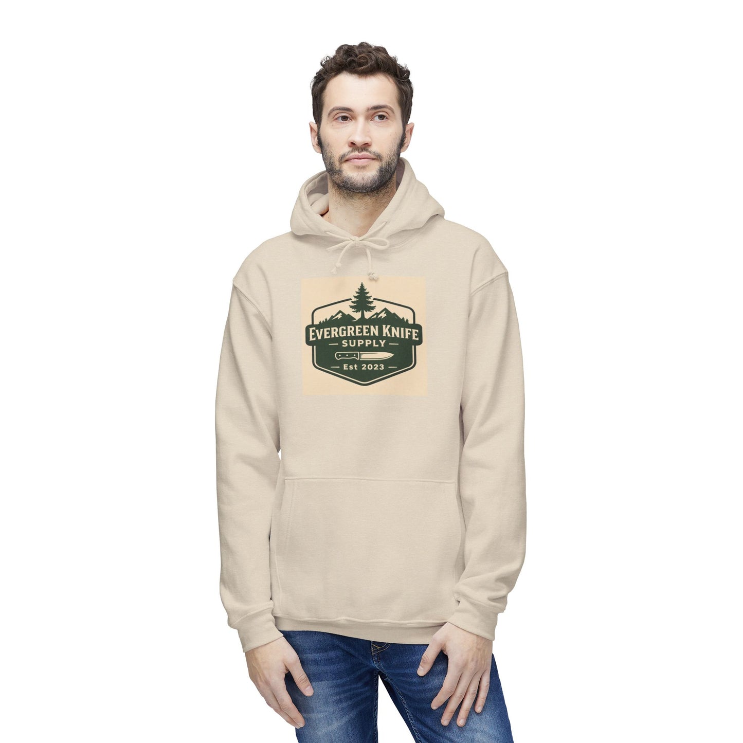Evergreen Knife Supply Hoodie — Outdoor Camping Logo Pullover (Est. 2023)