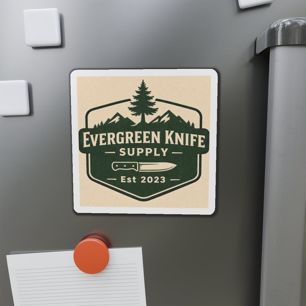 Evergreen Knife Supply Die-Cut Magnet — Outdoor Knife Logo Fridge Sticker (Est. 2023)