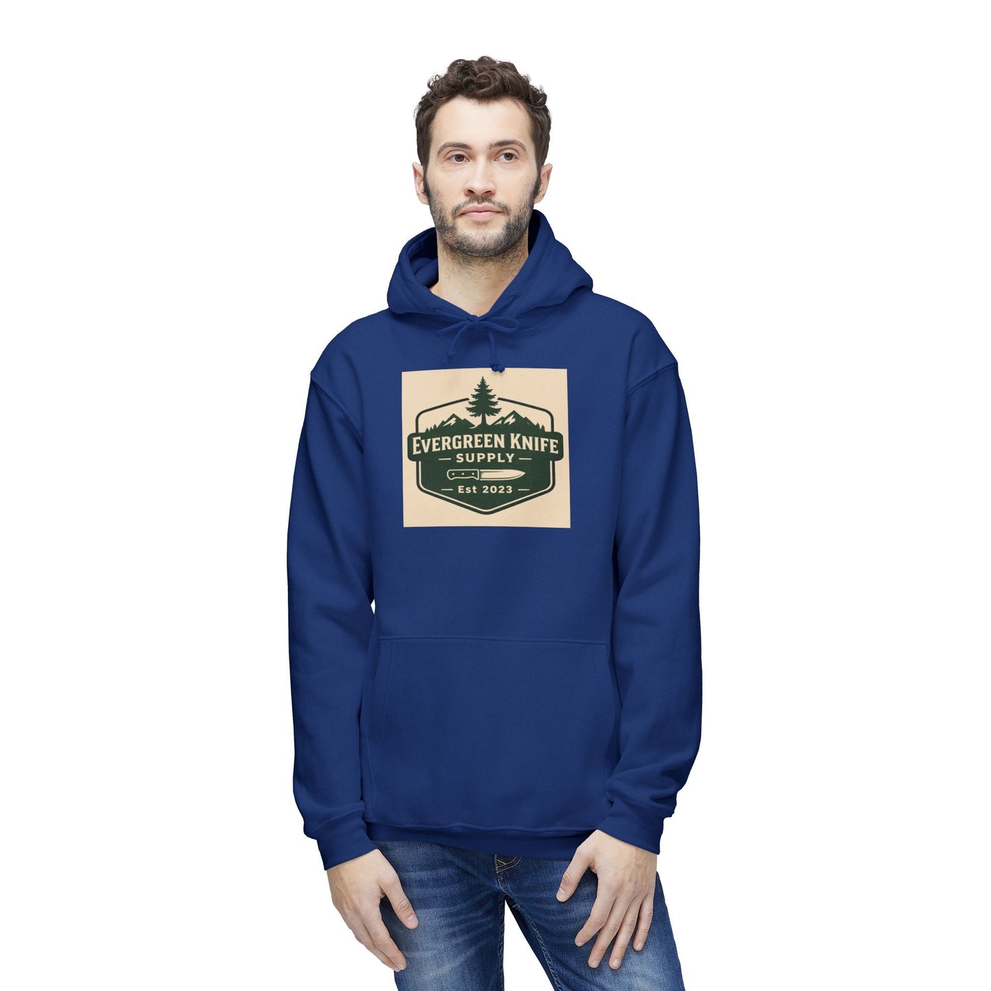 Evergreen Knife Supply Hoodie — Outdoor Camping Logo Pullover (Est. 2023)