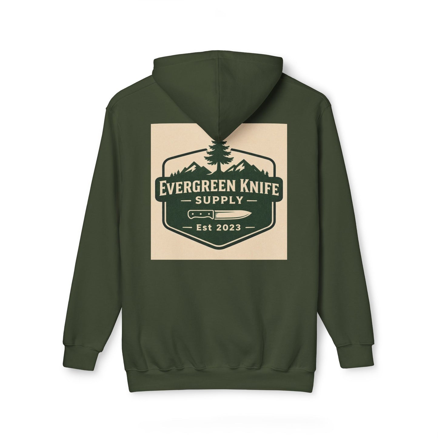 Evergreen Knife Supply Hoodie — Outdoor Camping Logo Pullover (Est. 2023)