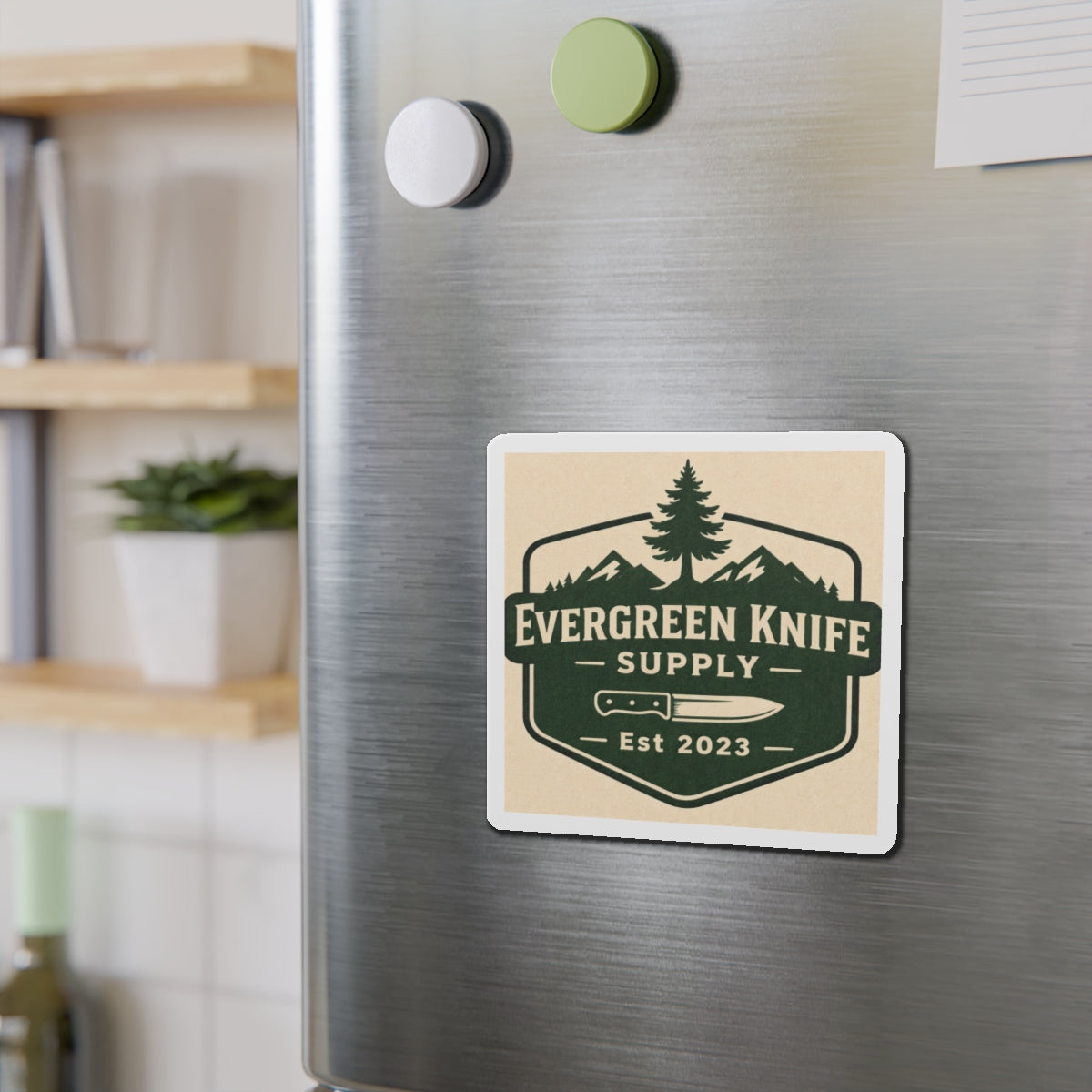 Evergreen Knife Supply Die-Cut Magnet — Outdoor Knife Logo Fridge Sticker (Est. 2023)