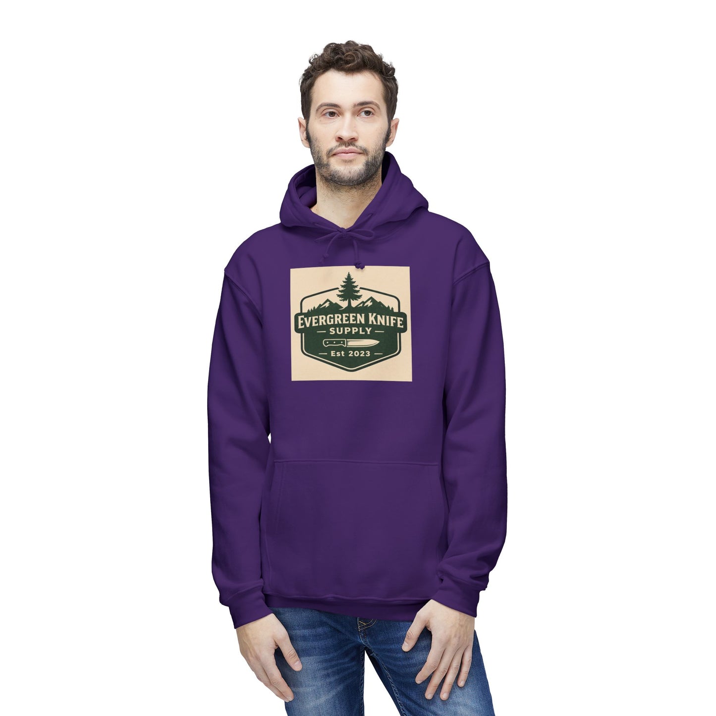 Evergreen Knife Supply Hoodie — Outdoor Camping Logo Pullover (Est. 2023)