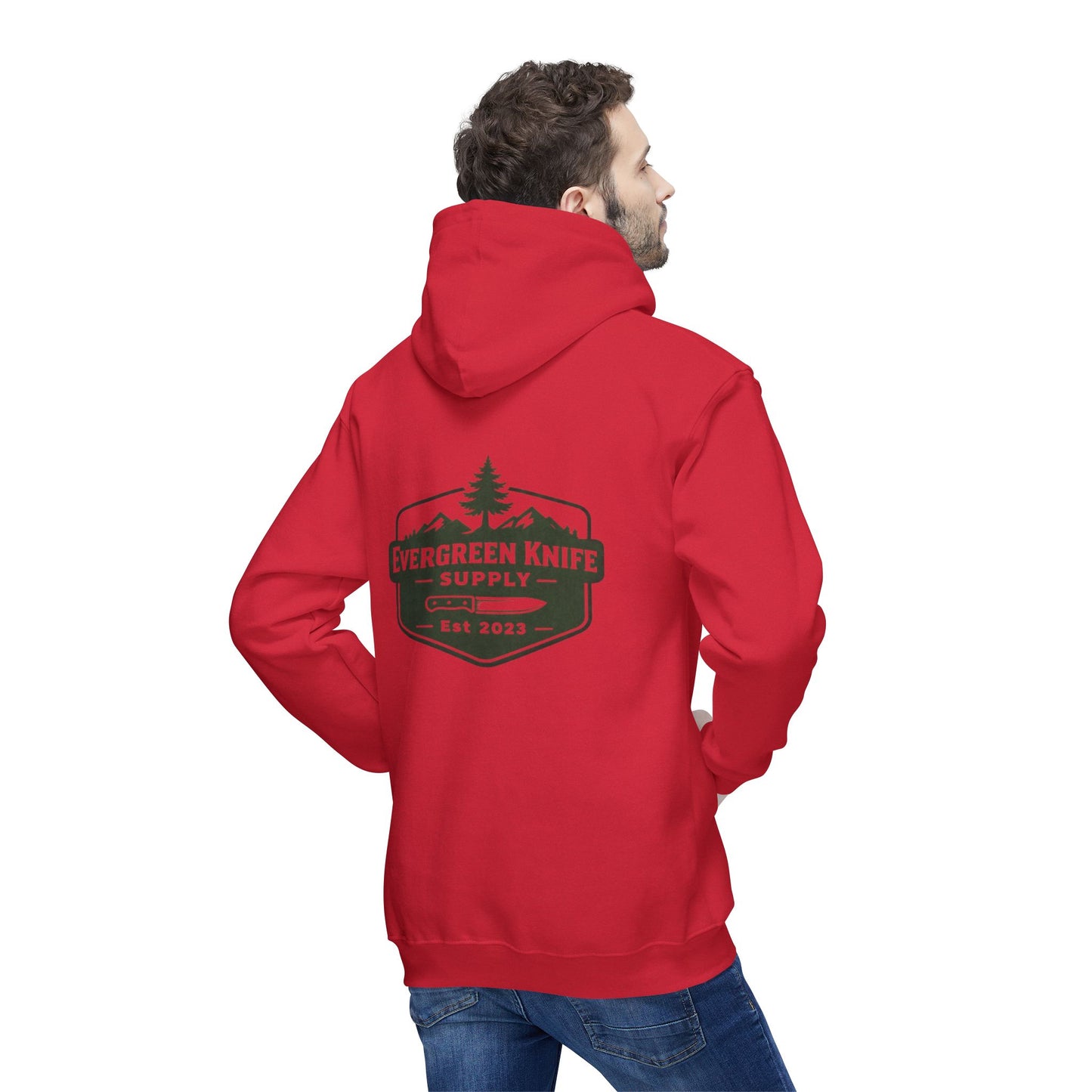 Evergreen Knife Supply Hoodie — Outdoor Camping Logo Pullover (Est. 2023)