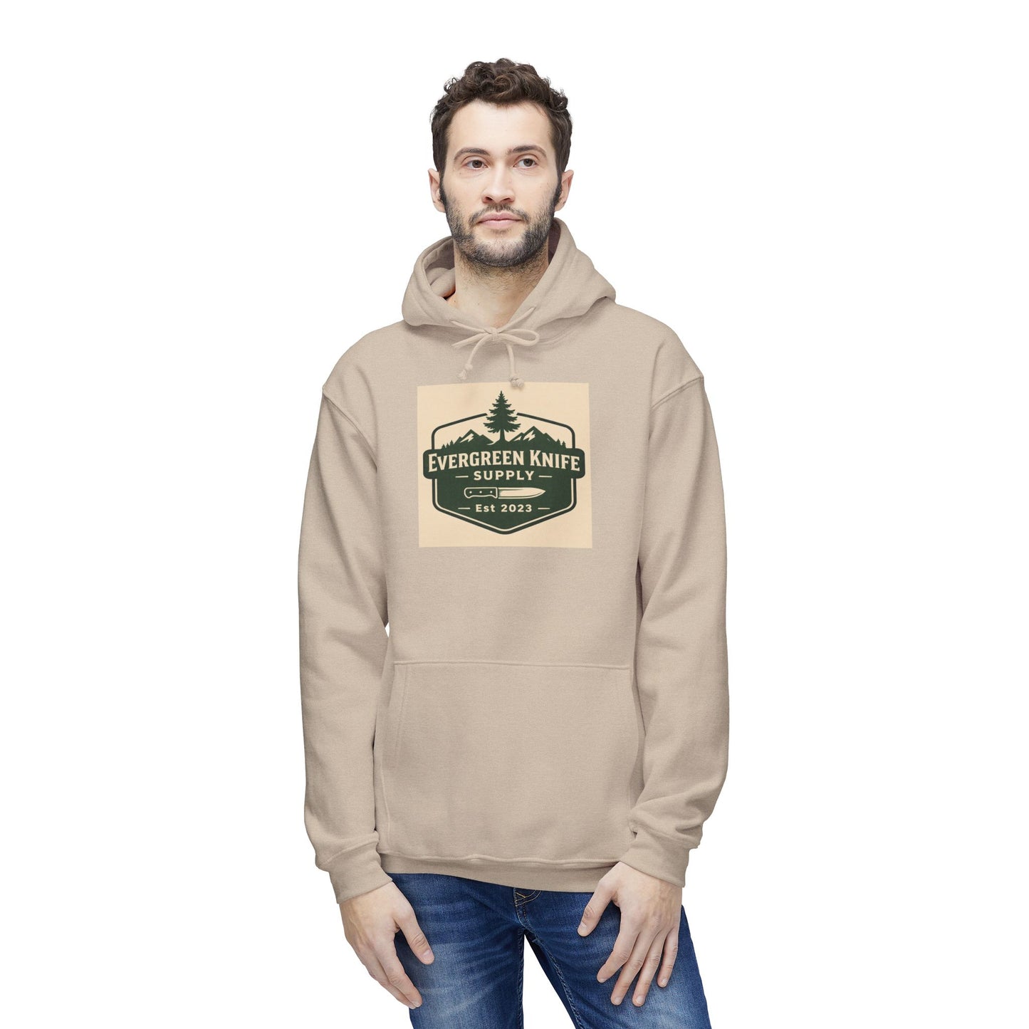 Evergreen Knife Supply Hoodie — Outdoor Camping Logo Pullover (Est. 2023)