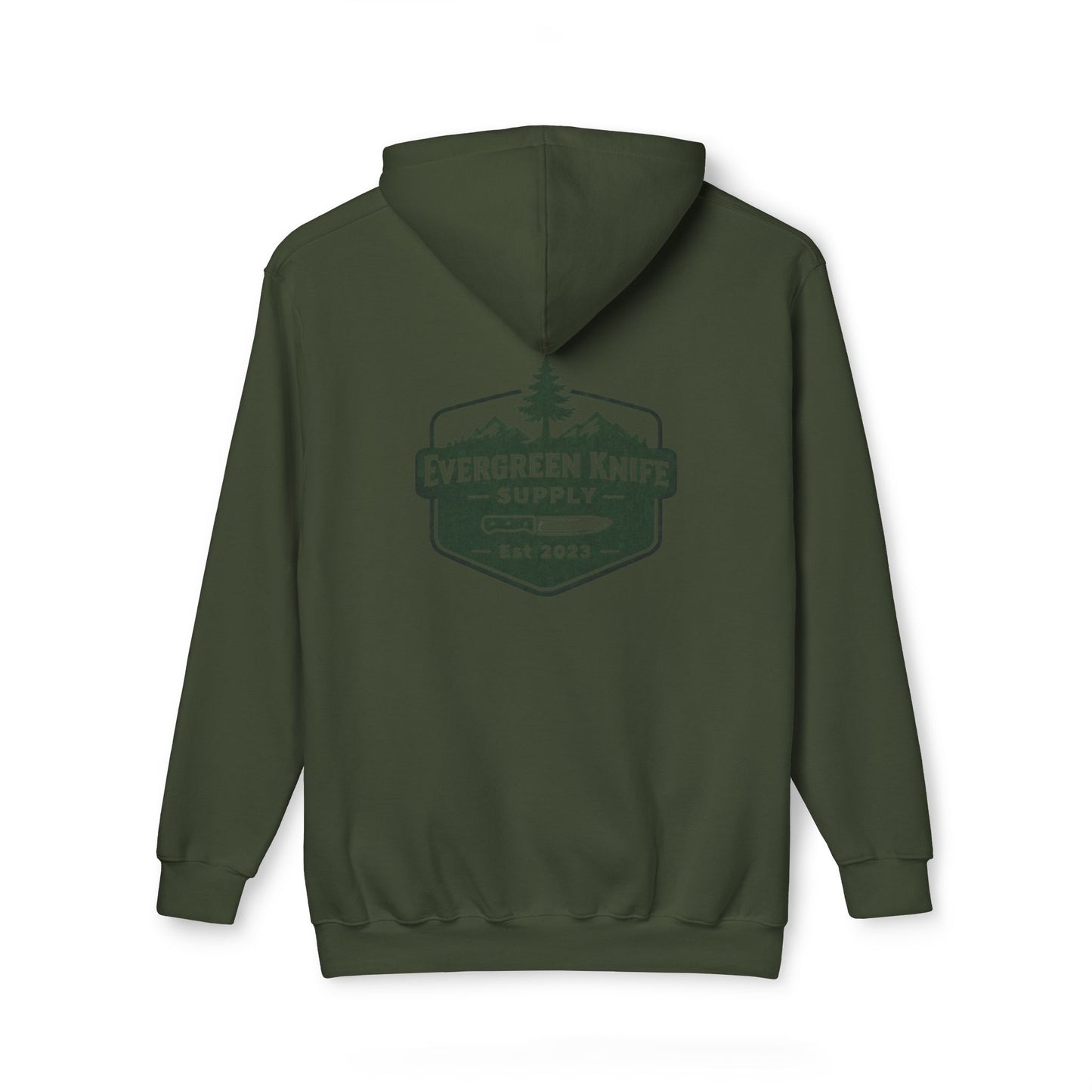 Evergreen Knife Supply Hoodie — Outdoor Camping Logo Pullover (Est. 2023)