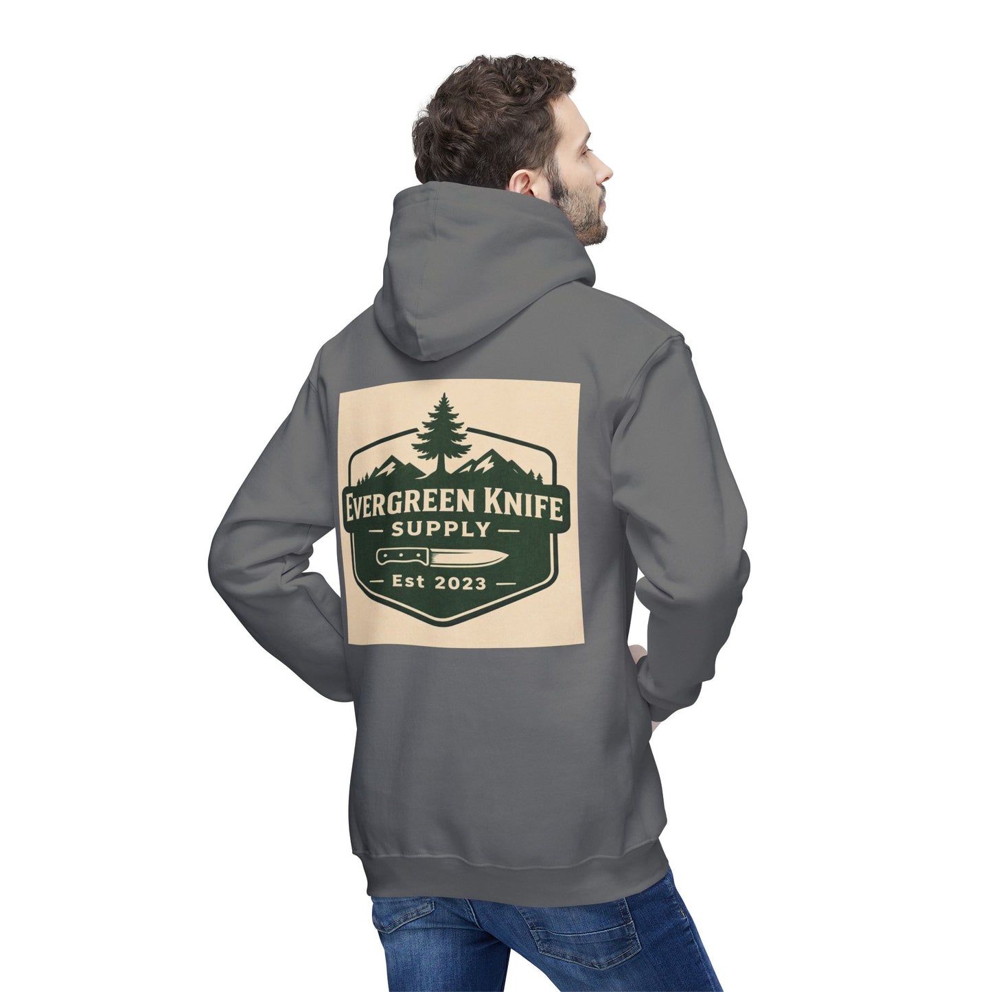 Evergreen Knife Supply Hoodie — Outdoor Camping Logo Pullover (Est. 2023)