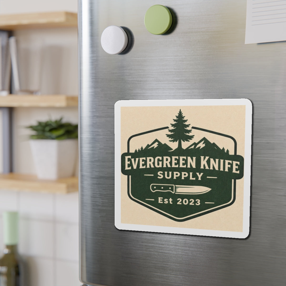 Evergreen Knife Supply Die-Cut Magnet — Outdoor Knife Logo Fridge Sticker (Est. 2023)