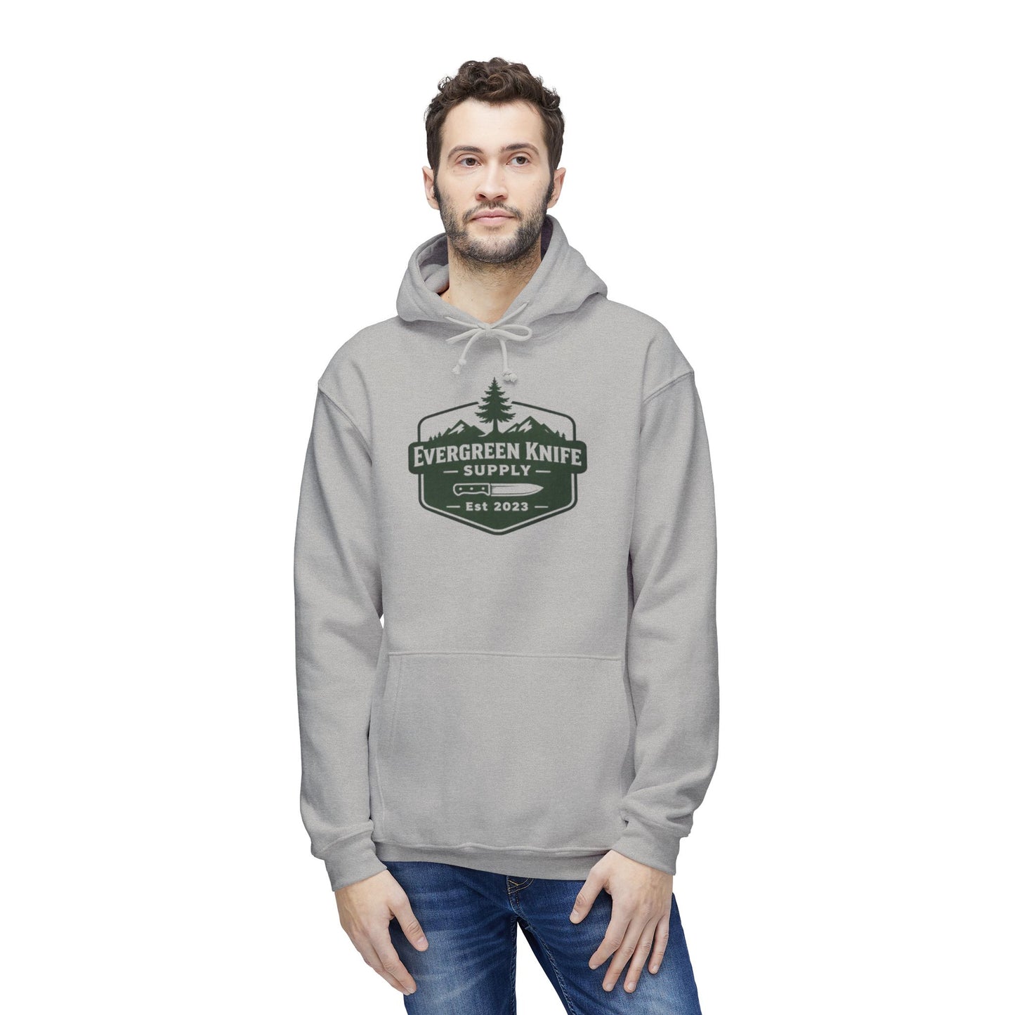 Evergreen Knife Supply Hoodie — Outdoor Camping Logo Pullover (Est. 2023)
