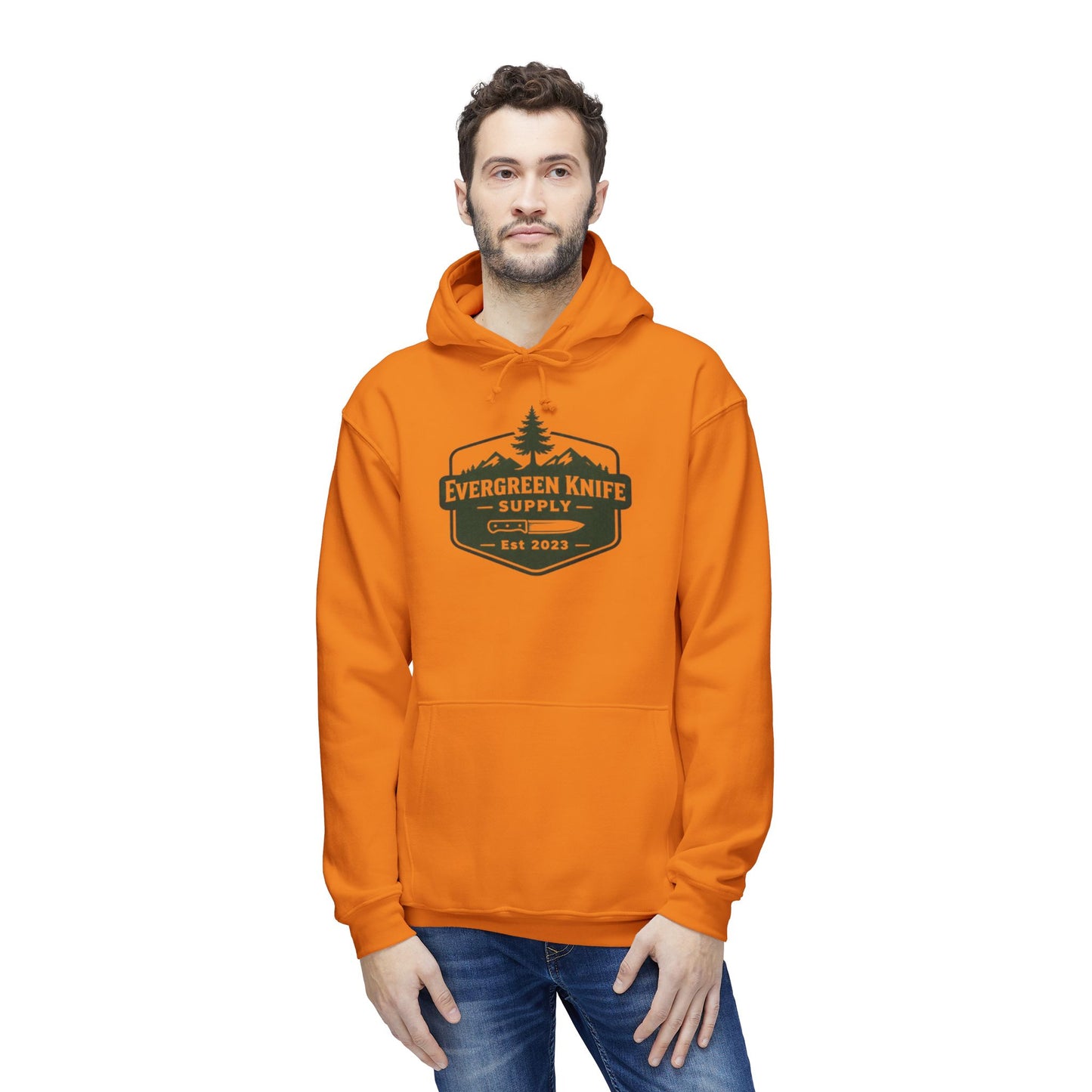 Evergreen Knife Supply Hoodie — Outdoor Camping Logo Pullover (Est. 2023)