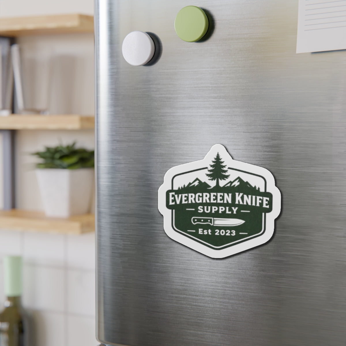 Evergreen Knife Supply Die-Cut Magnet — Outdoor Knife Logo Fridge Sticker (Est. 2023)
