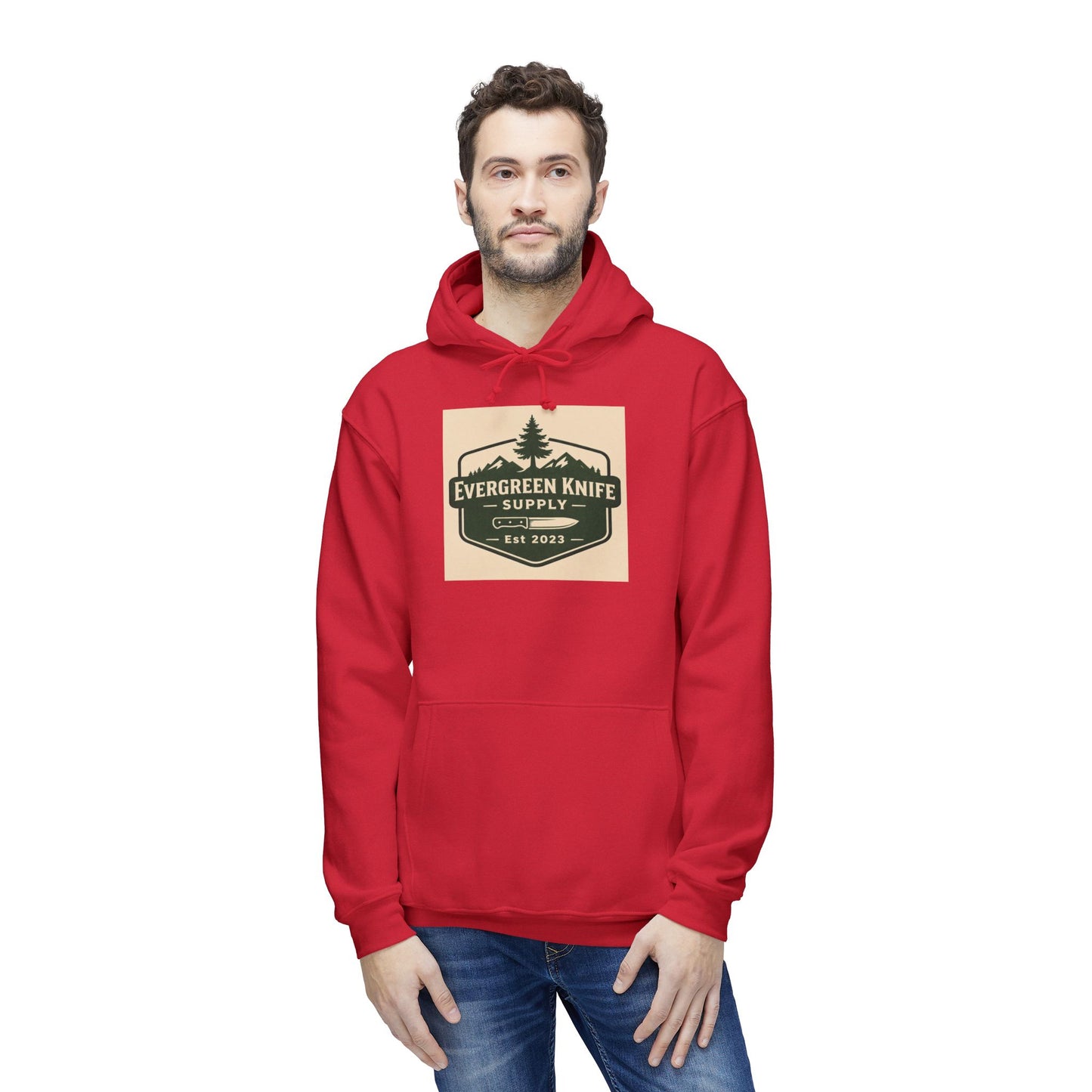 Evergreen Knife Supply Hoodie — Outdoor Camping Logo Pullover (Est. 2023)