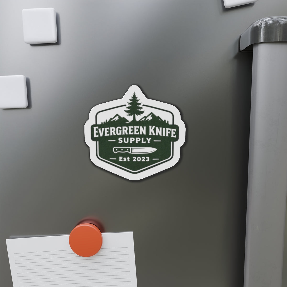 Evergreen Knife Supply Die-Cut Magnet — Outdoor Knife Logo Fridge Sticker (Est. 2023)