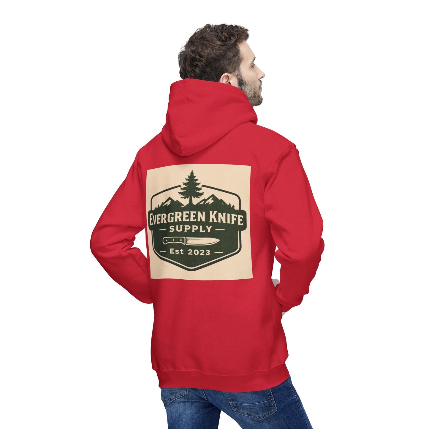 Evergreen Knife Supply Hoodie — Outdoor Camping Logo Pullover (Est. 2023)