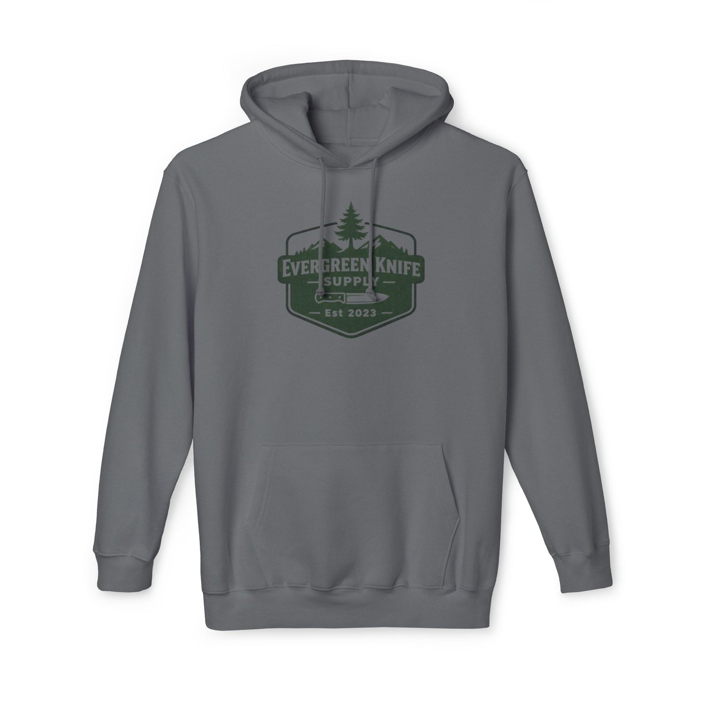 Evergreen Knife Supply Hoodie — Outdoor Camping Logo Pullover (Est. 2023)