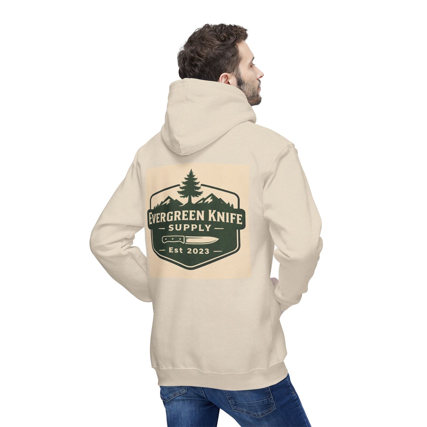 Evergreen Knife Supply Hoodie — Outdoor Camping Logo Pullover (Est. 2023)
