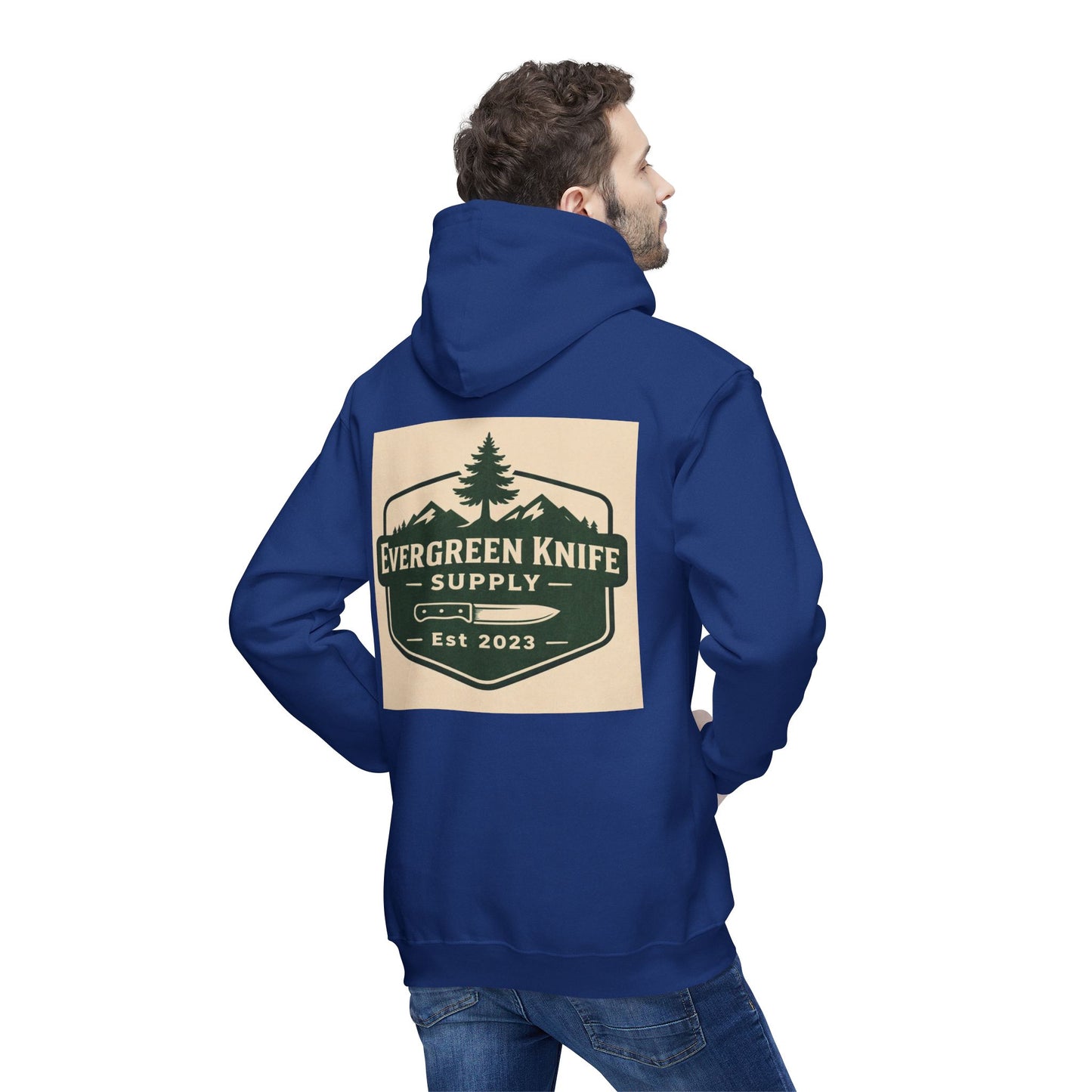 Evergreen Knife Supply Hoodie — Outdoor Camping Logo Pullover (Est. 2023)
