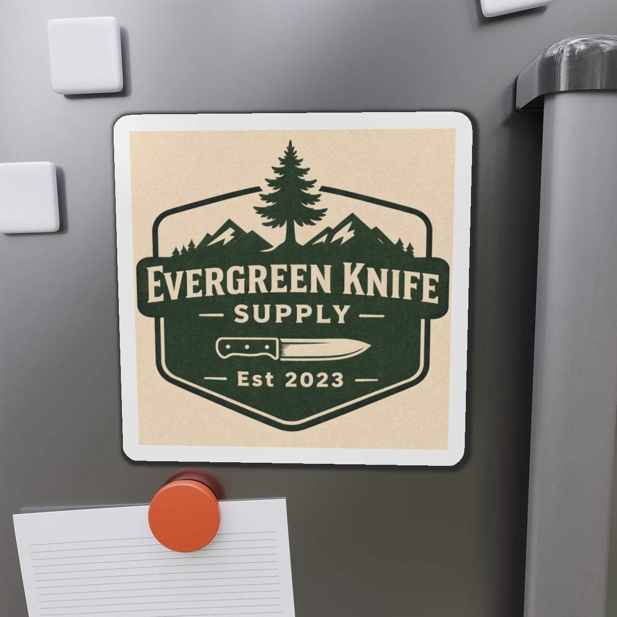Evergreen Knife Supply Die-Cut Magnet — Outdoor Knife Logo Fridge Sticker (Est. 2023)