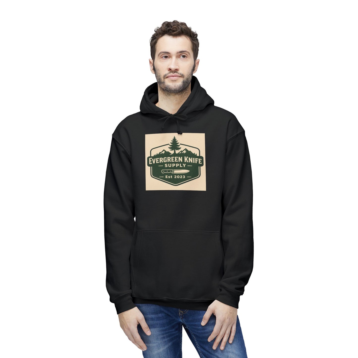 Evergreen Knife Supply Hoodie — Outdoor Camping Logo Pullover (Est. 2023)