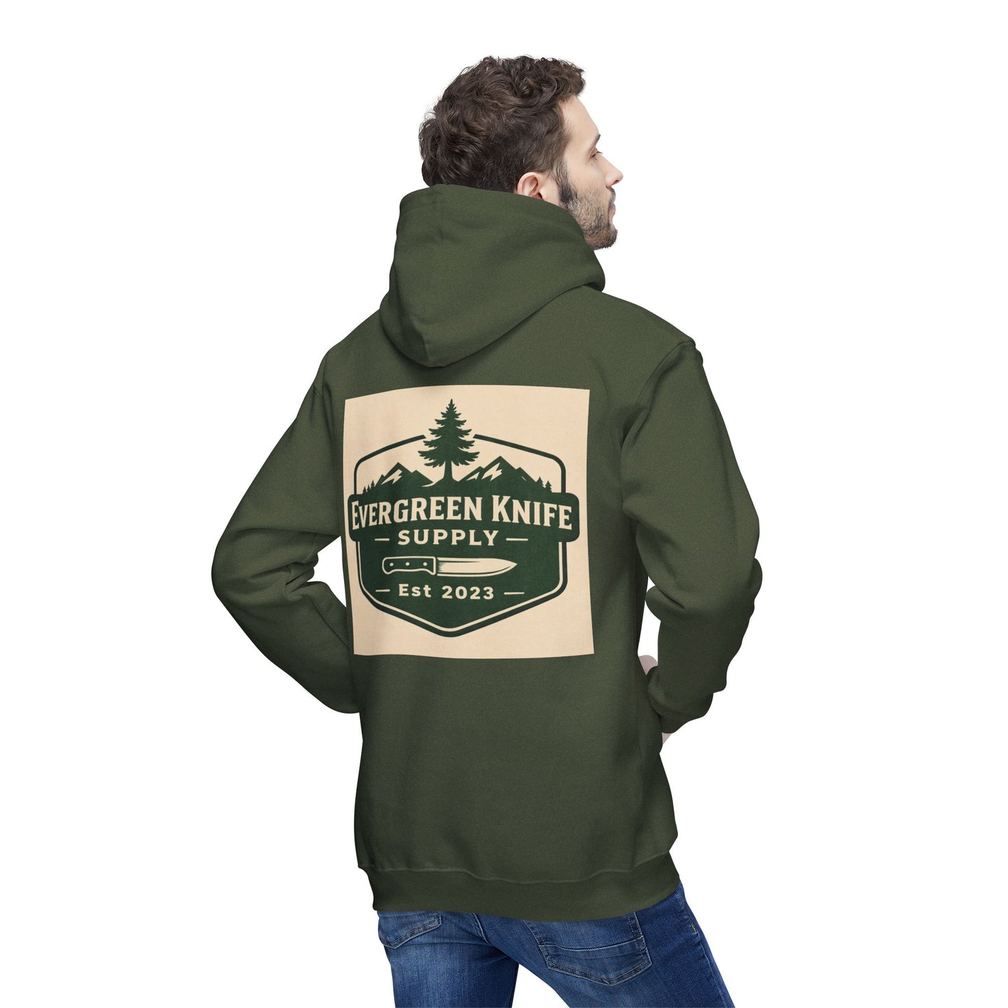 Evergreen Knife Supply Hoodie — Outdoor Camping Logo Pullover (Est. 2023)